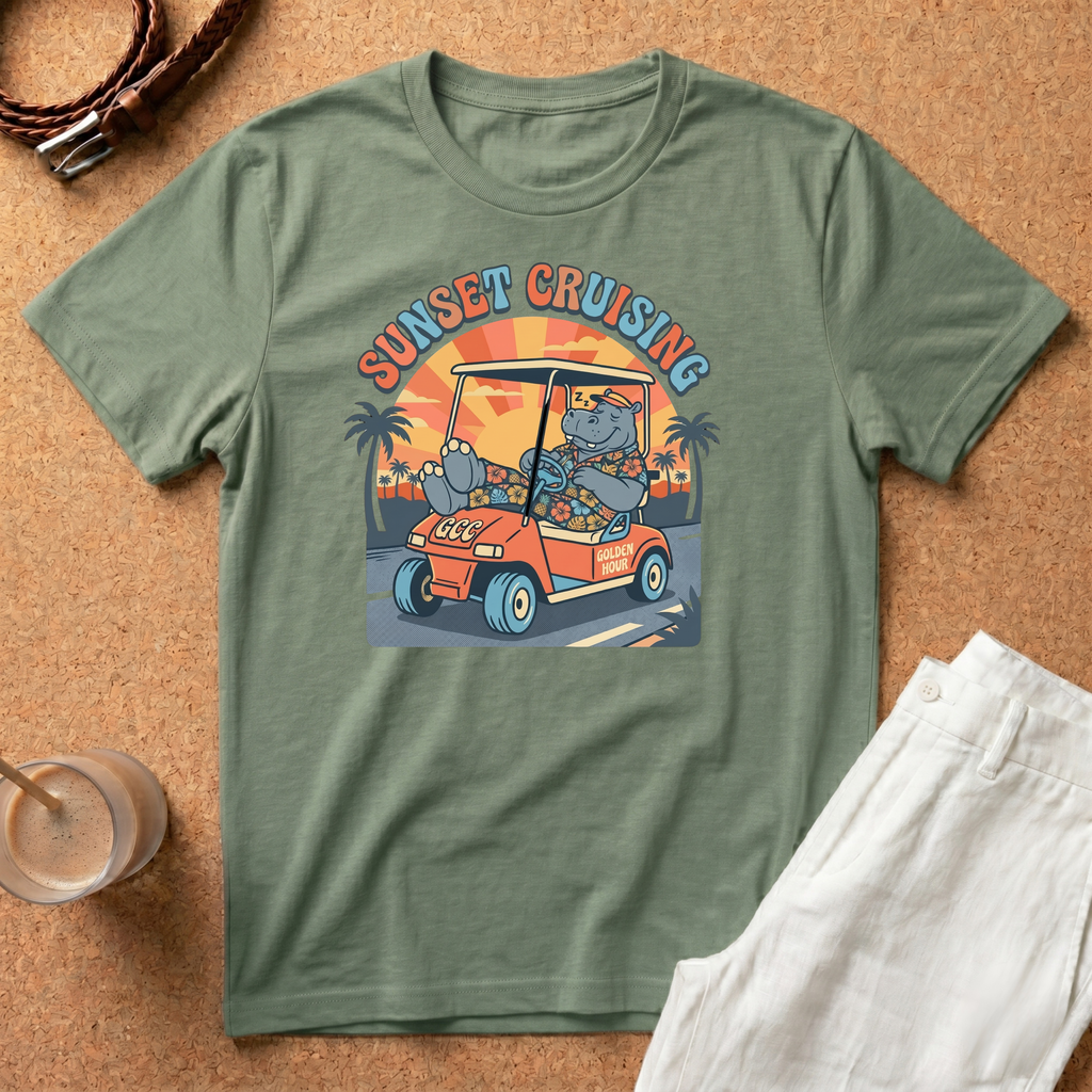 Sunset Cruising T-Shirt — Vintage Golf Cart Beach Tee