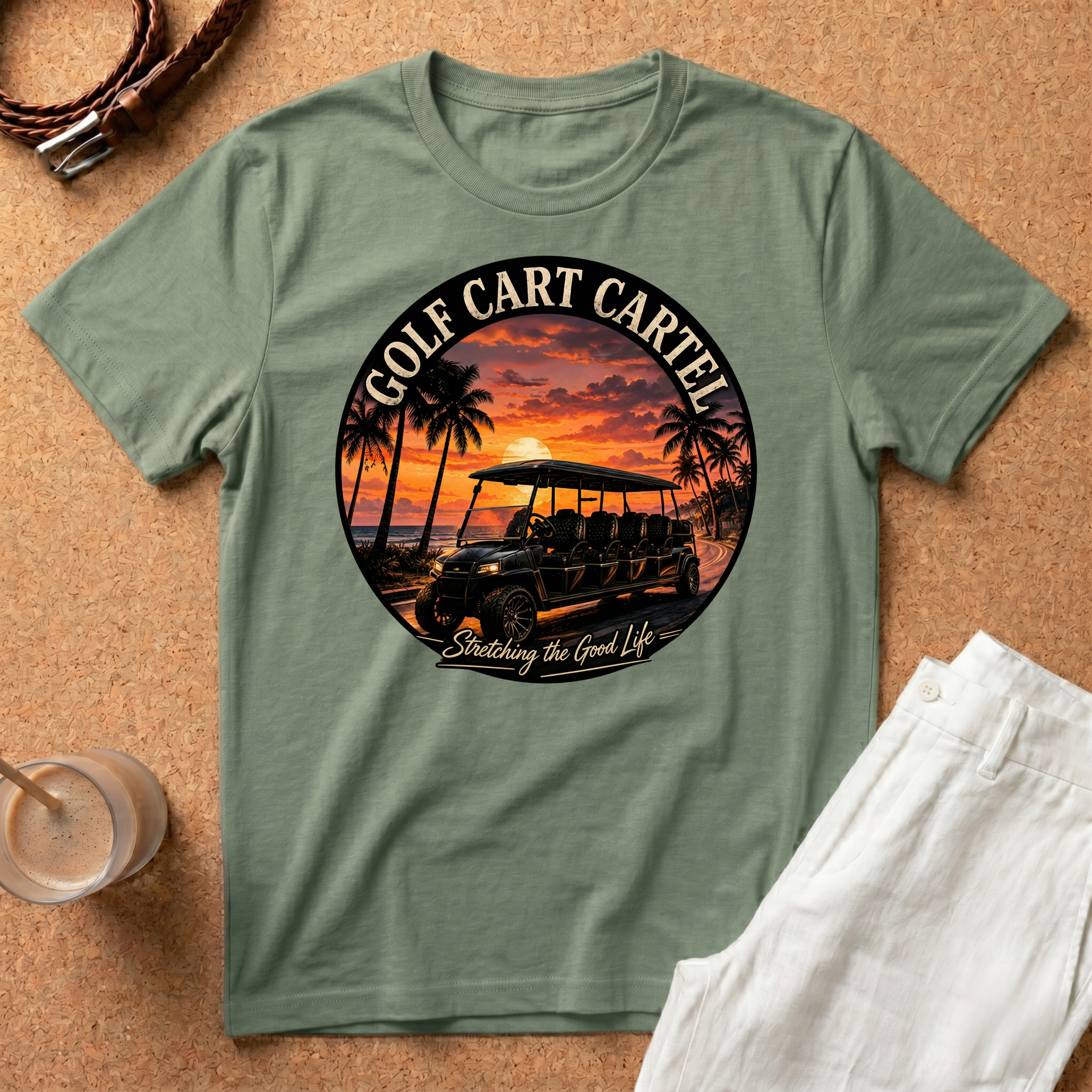 Golf Cart T-Shirt — "Golf Cart Cartel" Sun Set Graphic Tee