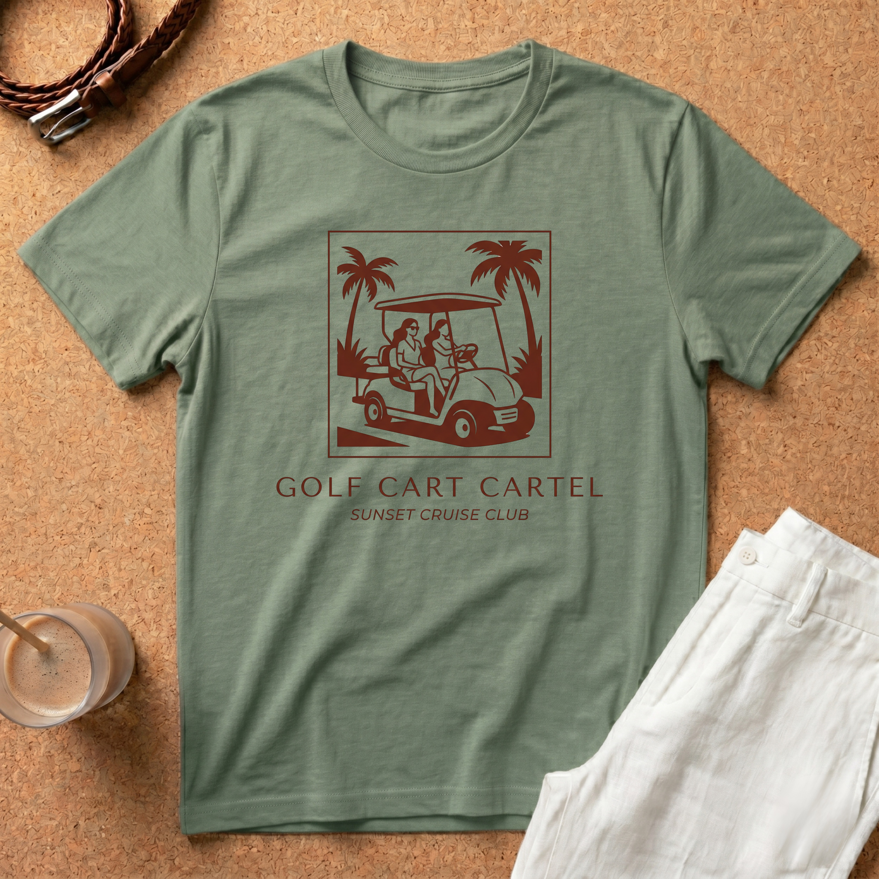 Golf Cart Cartel T-Shirt — Sunset Cruise Club Retro Palm Beach Tee