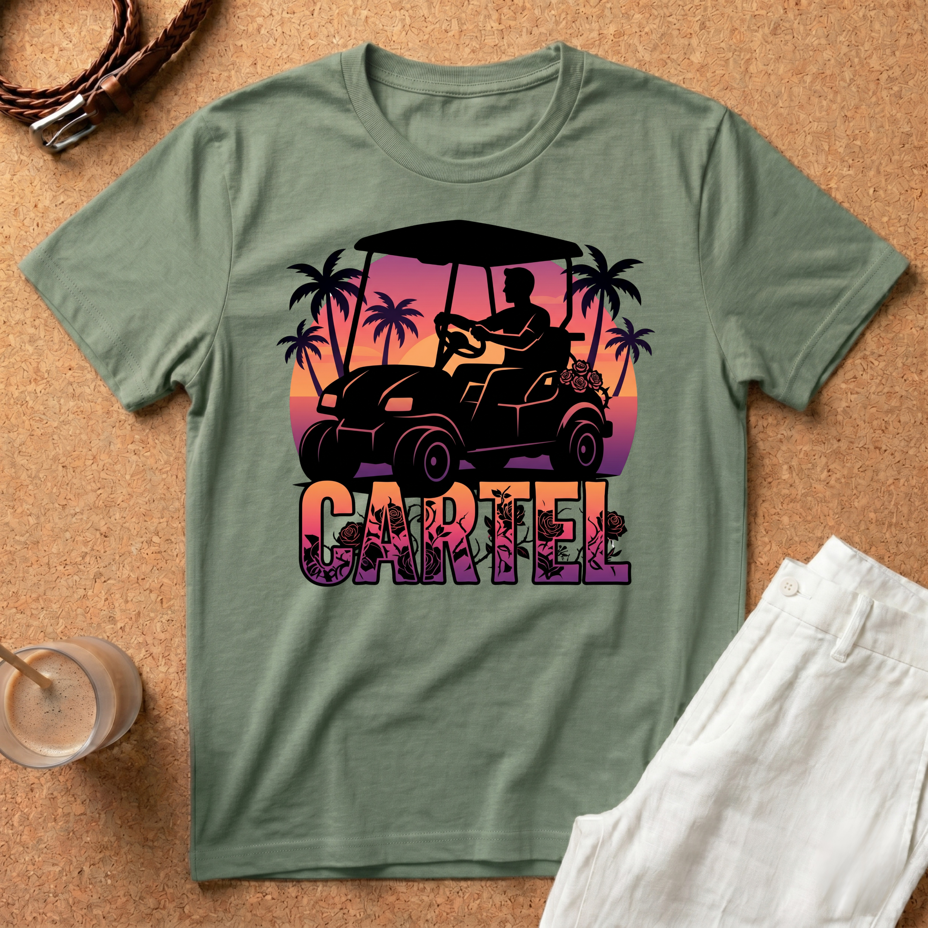 Cartel Golf Cart T-Shirt — Tropical Sunset Palm Beach Vibes