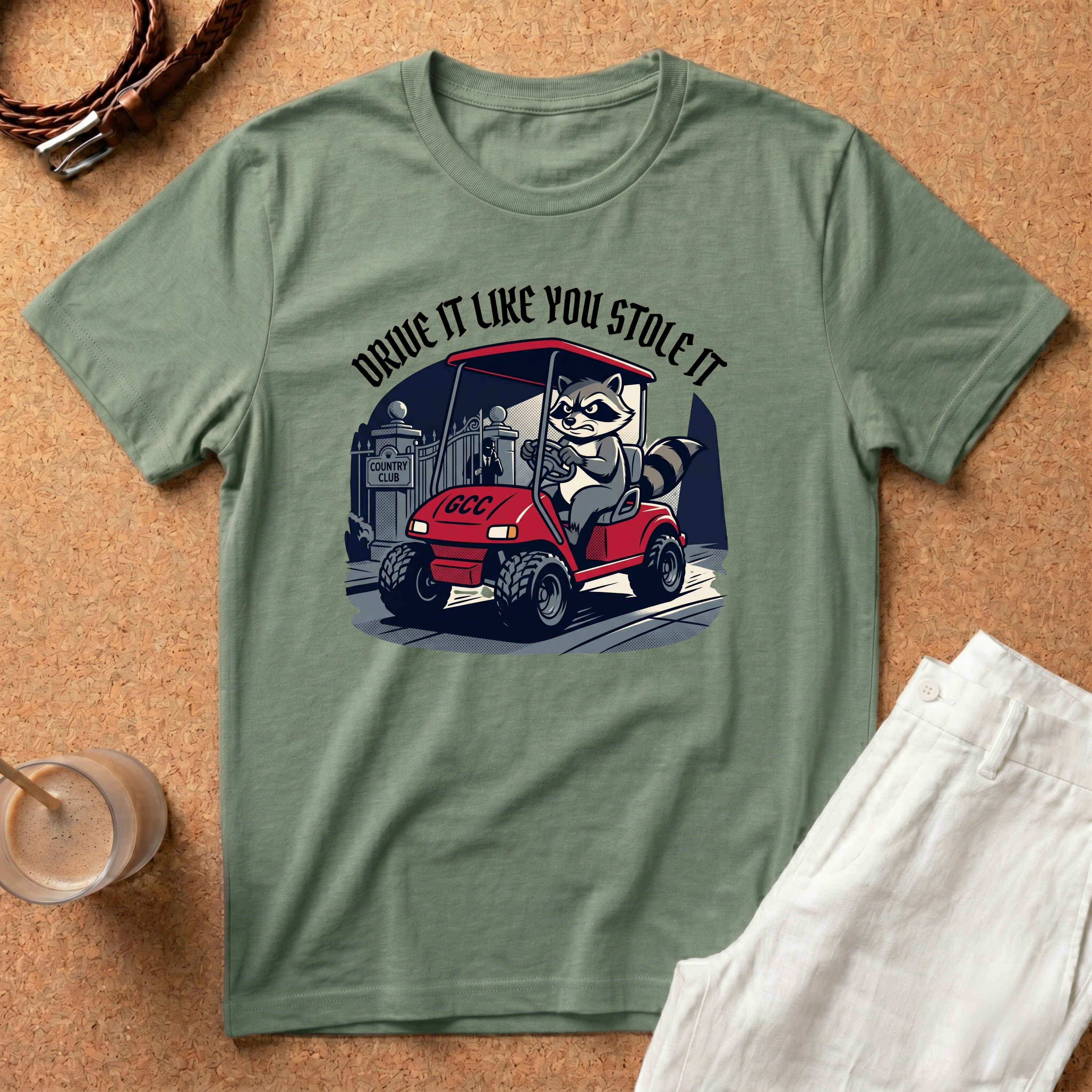 Drive It Like You Stole It T-Shirt — Raccoon Driving Golf Cart Graphic Tee