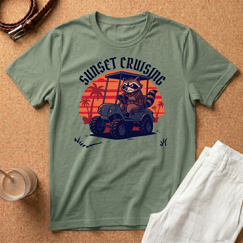 Sunset Cruising T-Shirt — Raccoon Driving Golf Cart Retro Sunset Tee