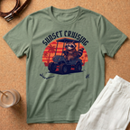 Sunset Cruising T-Shirt — Raccoon Driving Golf Cart Retro Sunset Tee