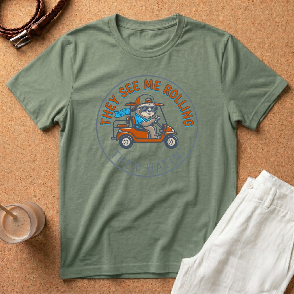 They See Me Rolling Golf Cart T-Shirt — Funny Sloth ‘They Hatin’ Design