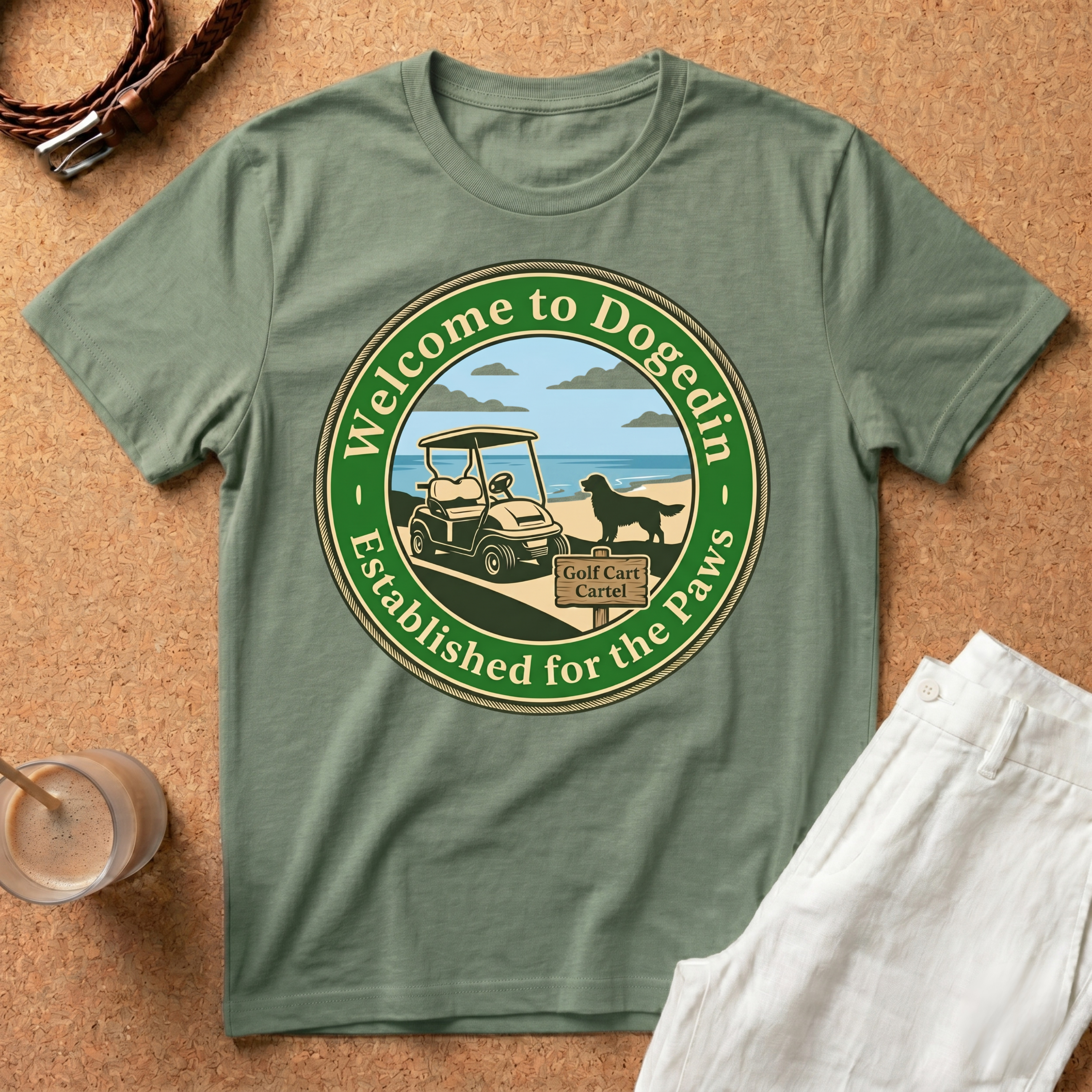 Welcome to Dogedin T-Shirt — 'Established for the Paws' Golf Cart Pet Resort Tee
