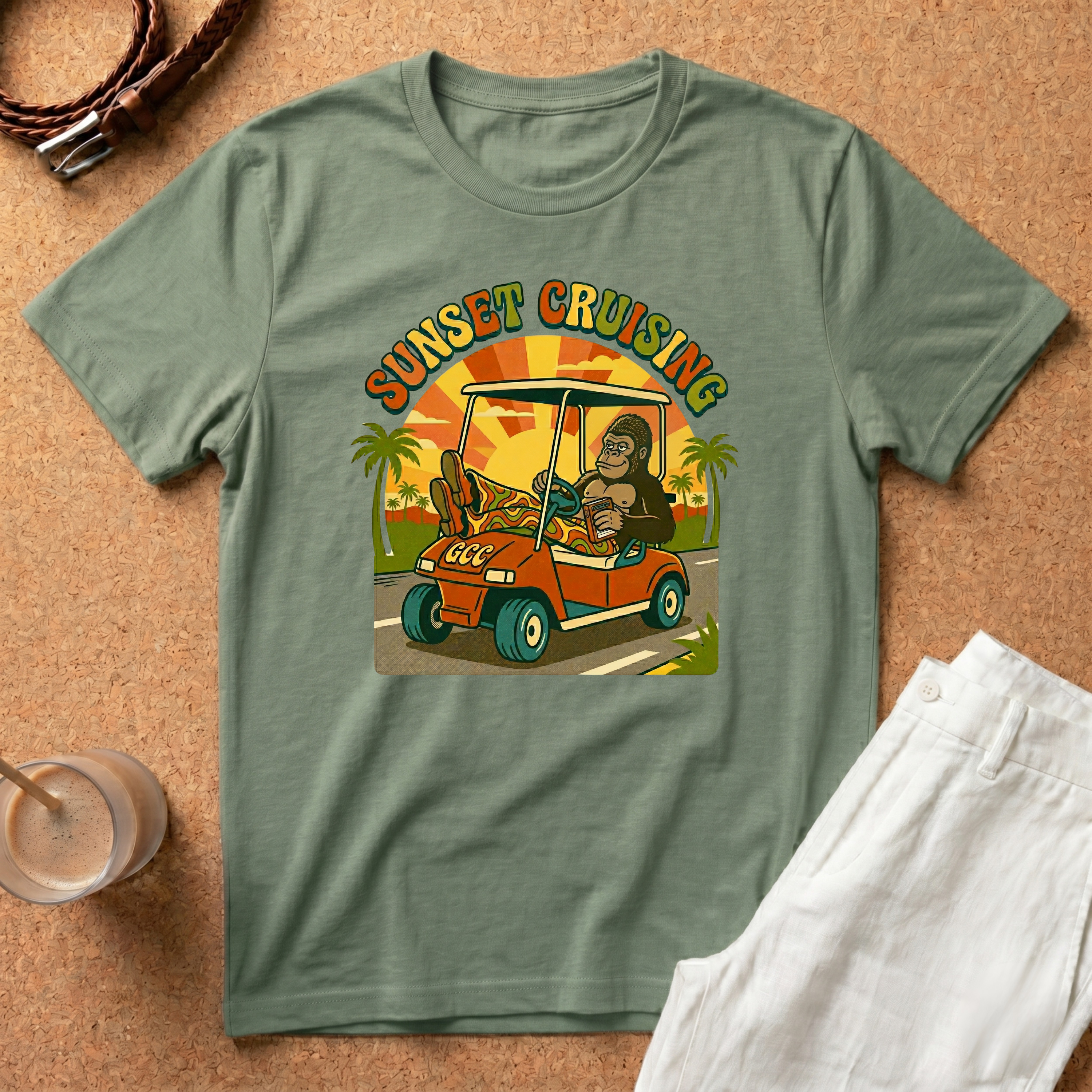 Sunset Cruising T-Shirt — Vintage Golf Cart Beach Tee
