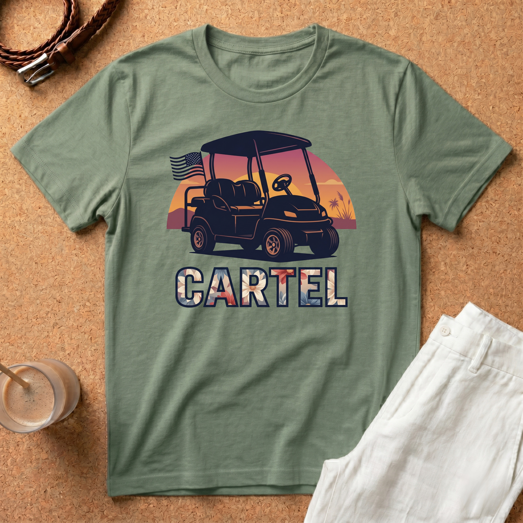 Golf Cart Cartel T-Shirt — Retro Sunset Golf Cart Tee