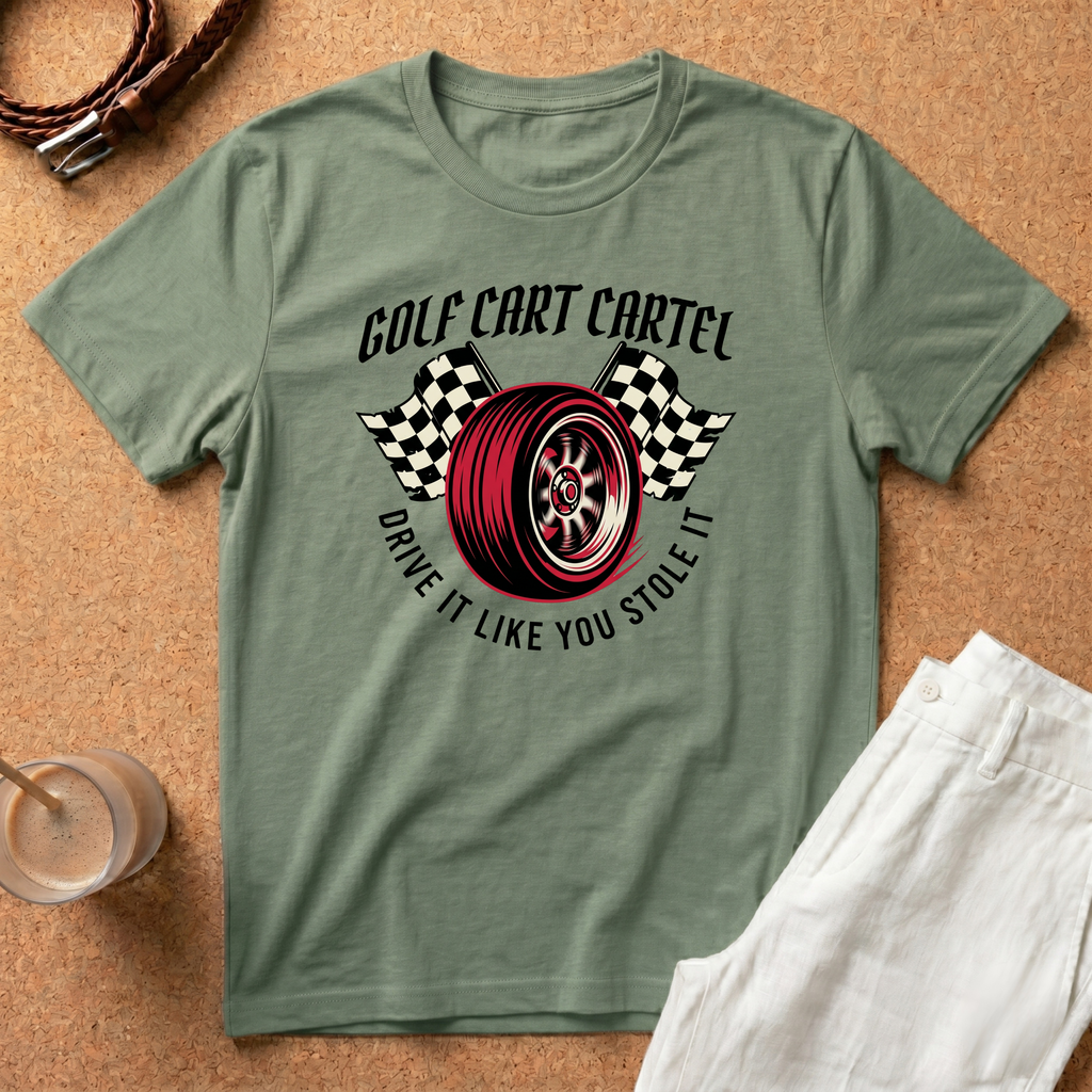 Golf Cart Cartel T-Shirt – "Drive It Like You Stole It" Racing Wheel Tee