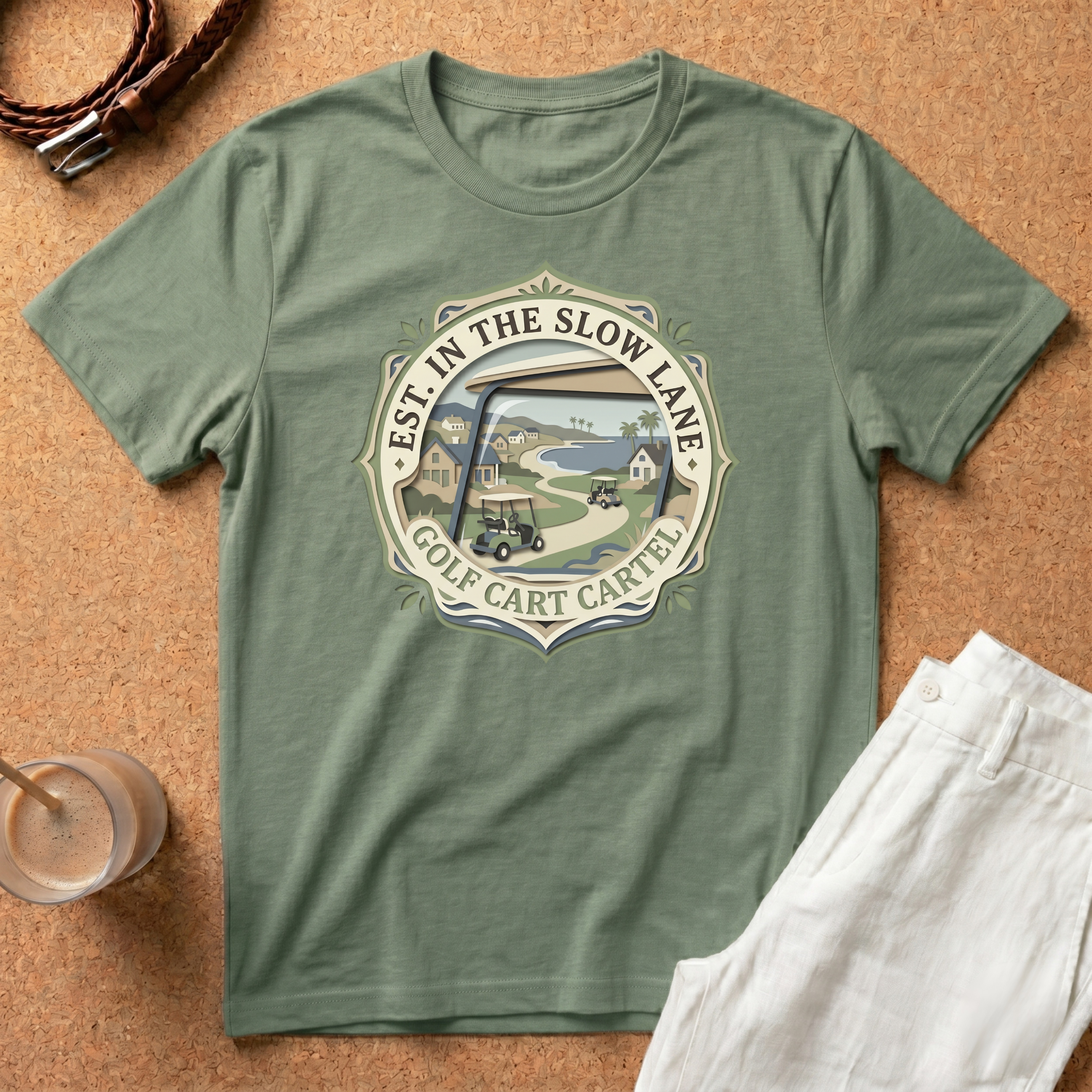 Golf T-Shirt — "Est. In The Slow Lane" Golf Cart Vintage Badge