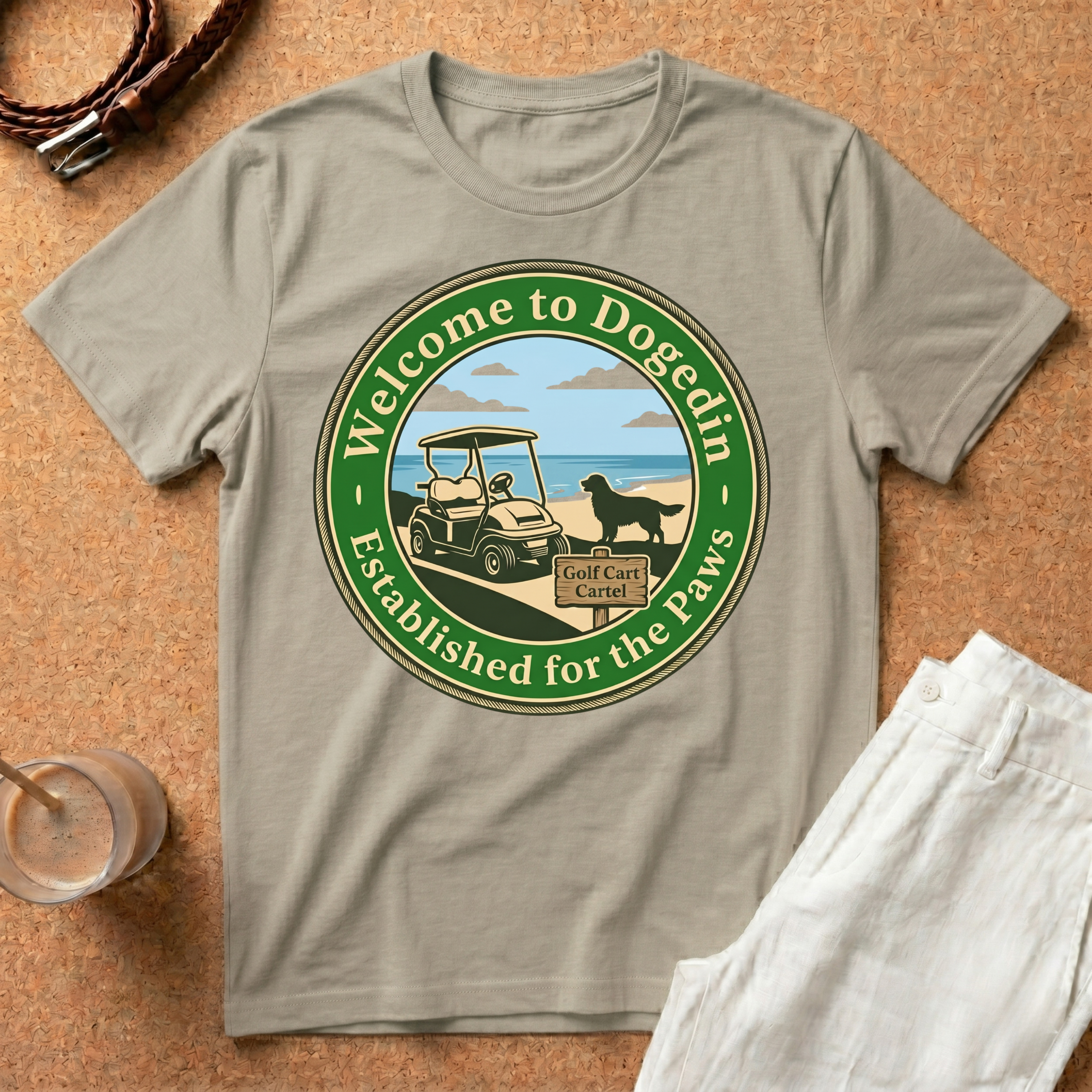 Welcome to Dogedin T-Shirt — 'Established for the Paws' Golf Cart Pet Resort Tee