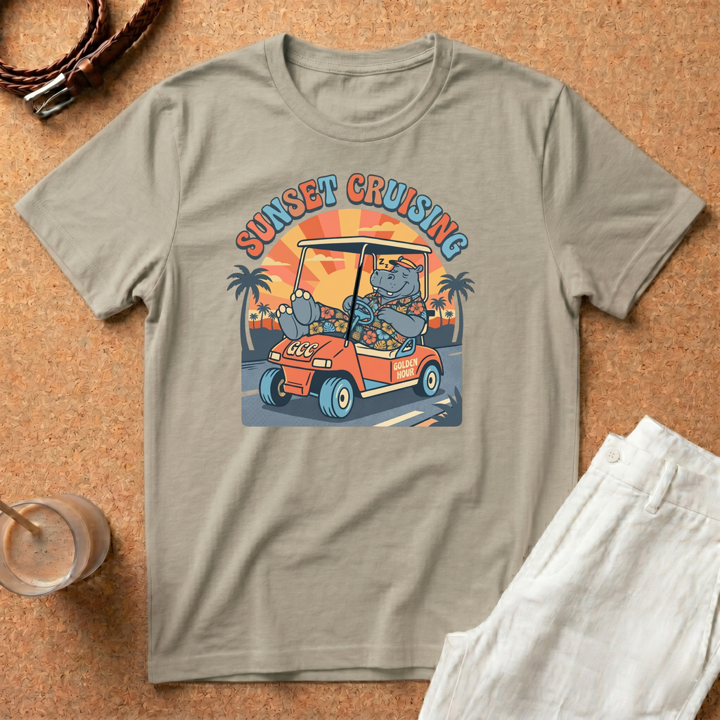 Sunset Cruising T-Shirt — Vintage Golf Cart Beach Tee