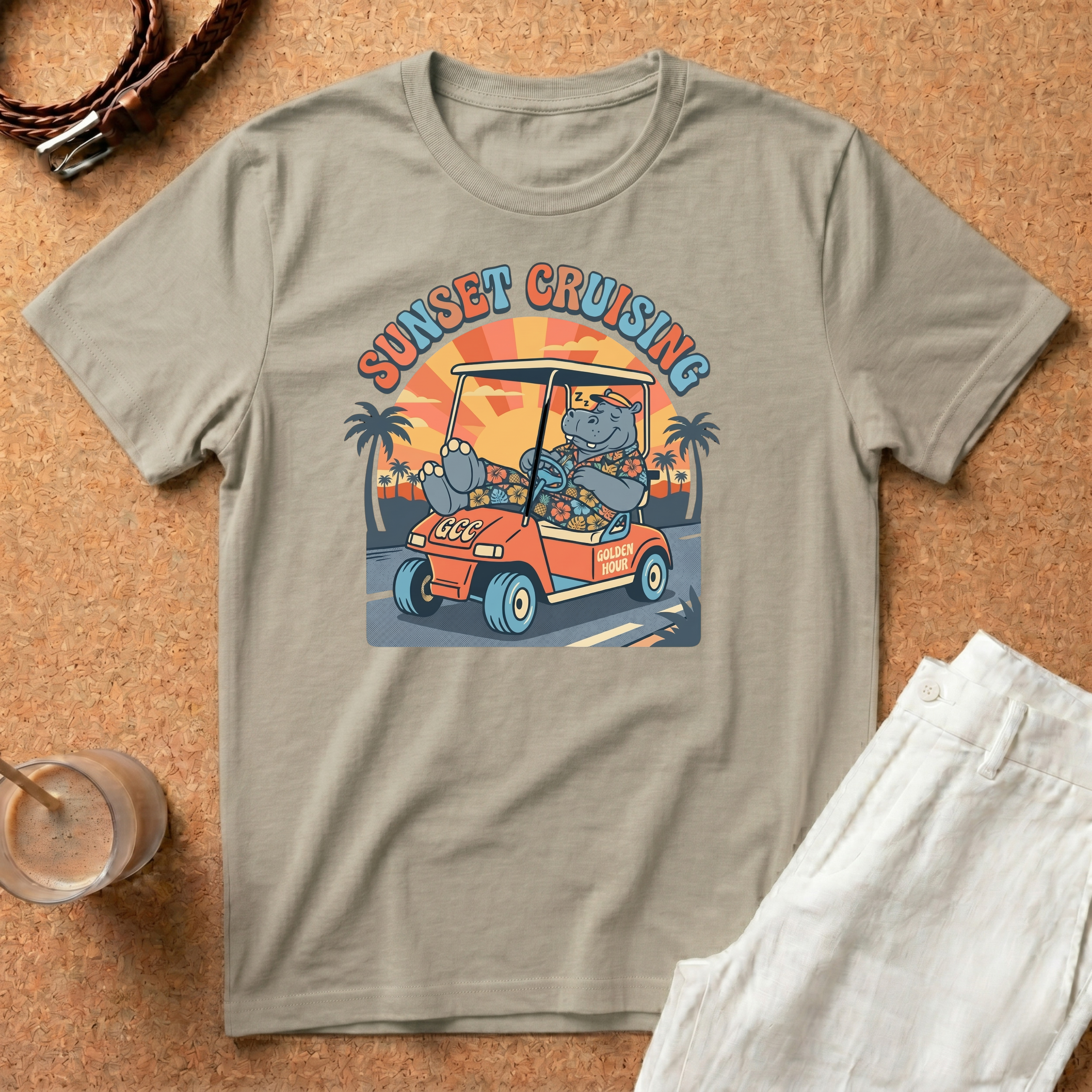 Sunset Cruising T-Shirt — Vintage Golf Cart Beach Tee