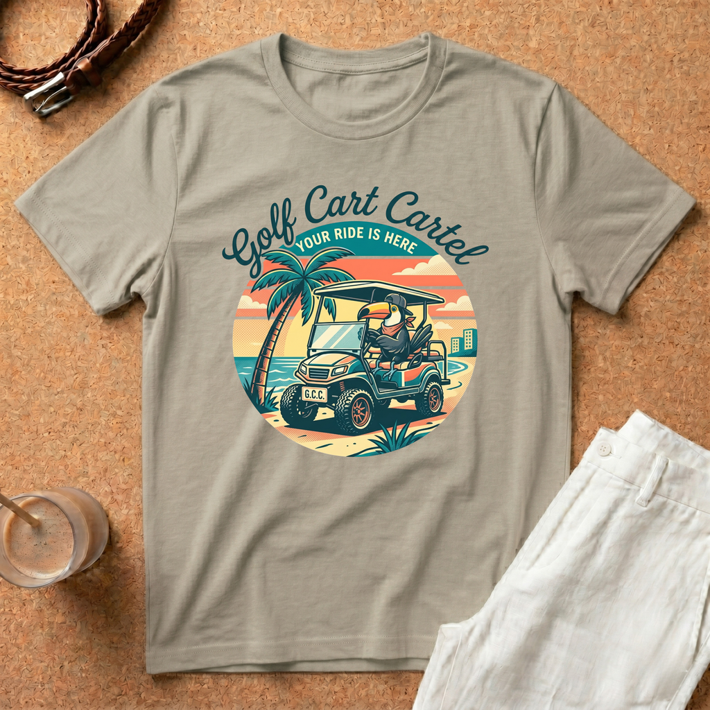Golf Cart Cartel T-Shirt — Retro Beach Golf Cart Tee ("Your Ride Is Here")