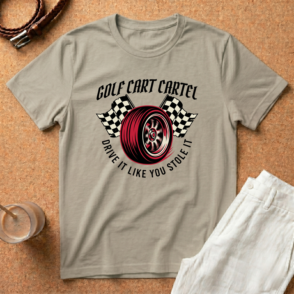 Golf Cart Cartel T-Shirt – "Drive It Like You Stole It" Racing Wheel Tee