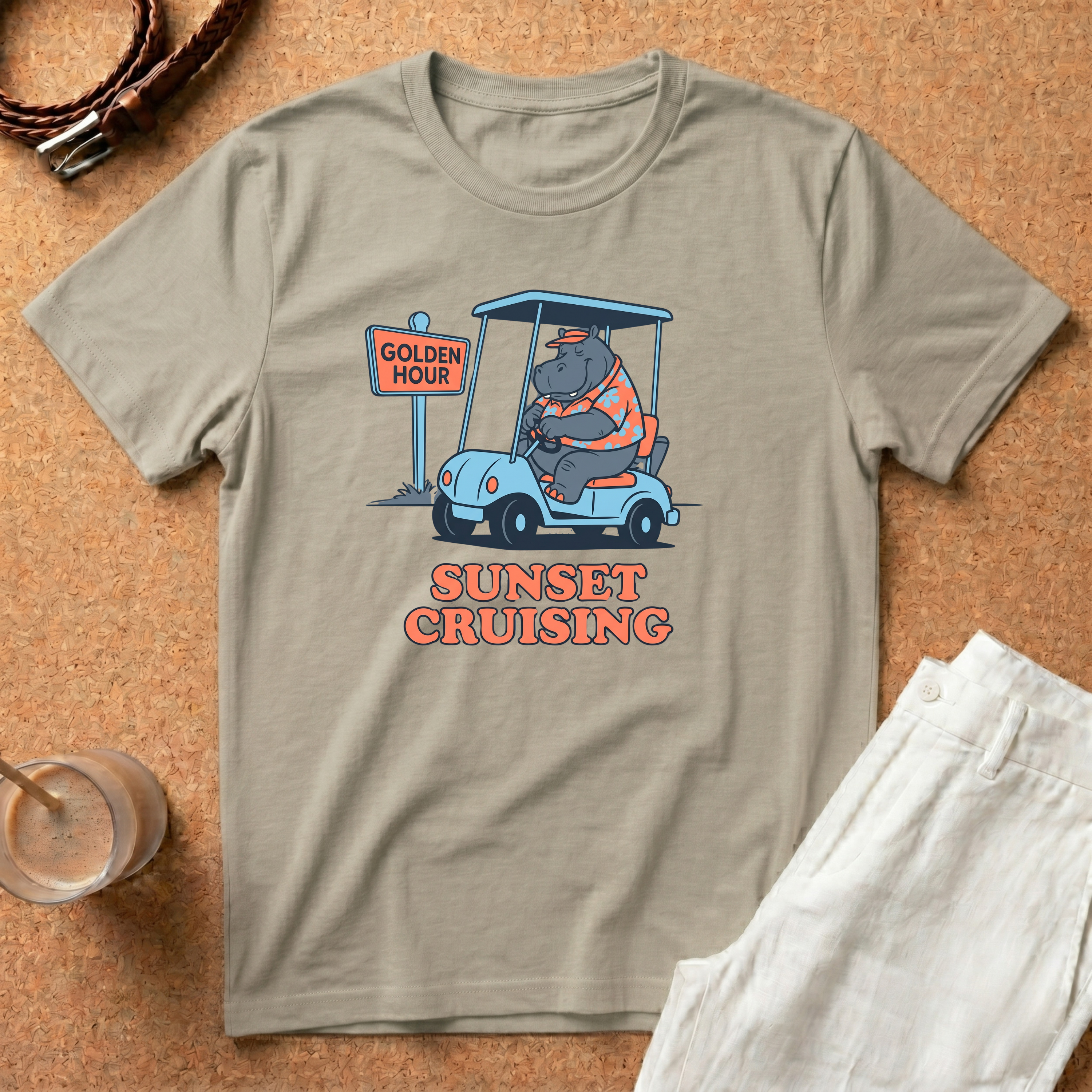 Sunset Cruising T-Shirt — Retro Hippo Golf Cart 'Golden Hour' Graphic Tee