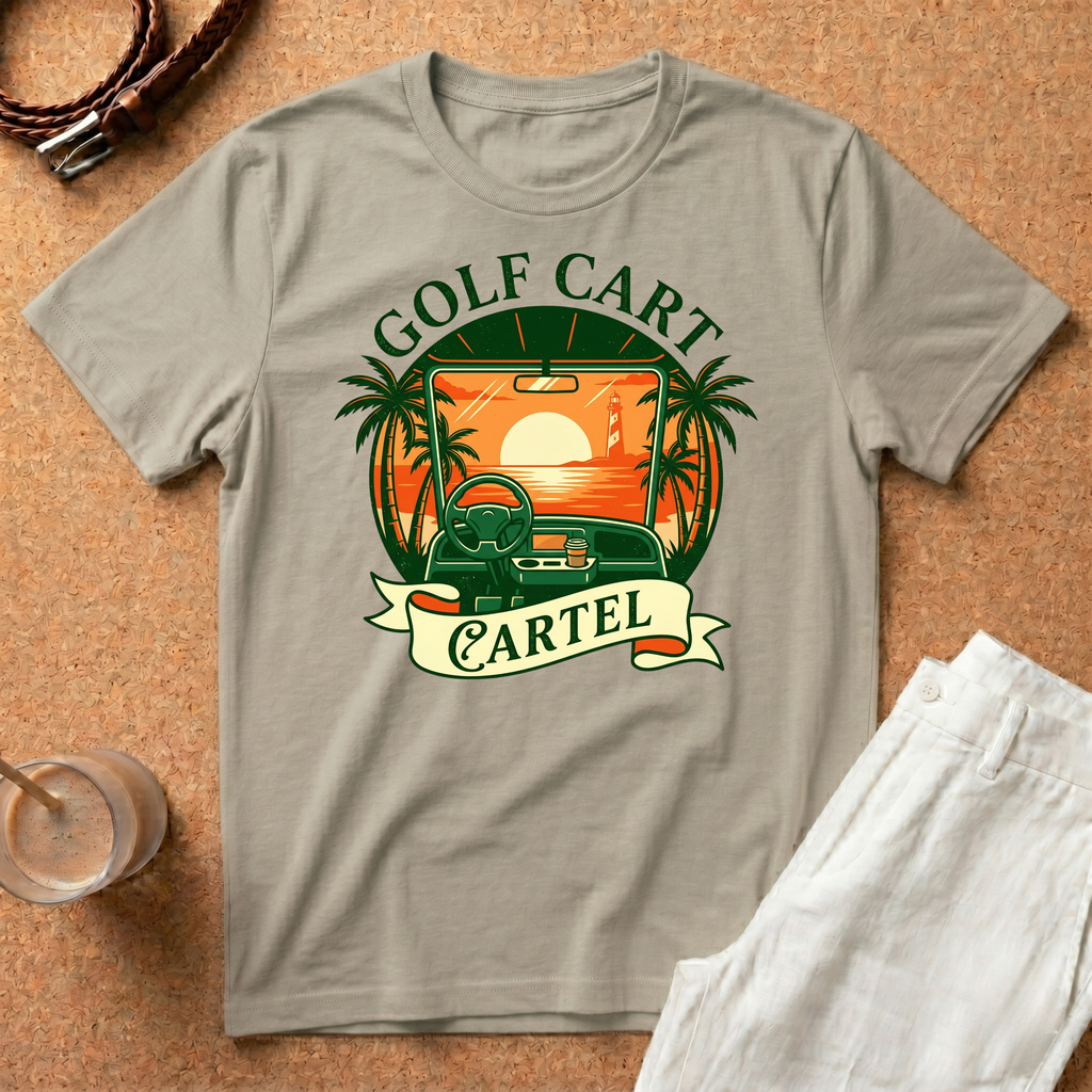 Golf Cart T-Shirt – Retro Sunset 'Golf Cart Cartel' Graphic Tee