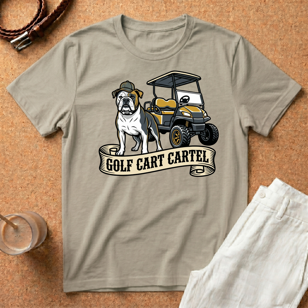 Golf Cart T‑Shirt — 'Golf Cart Cartel' Bulldog & Golf Buggy Graphic Tee