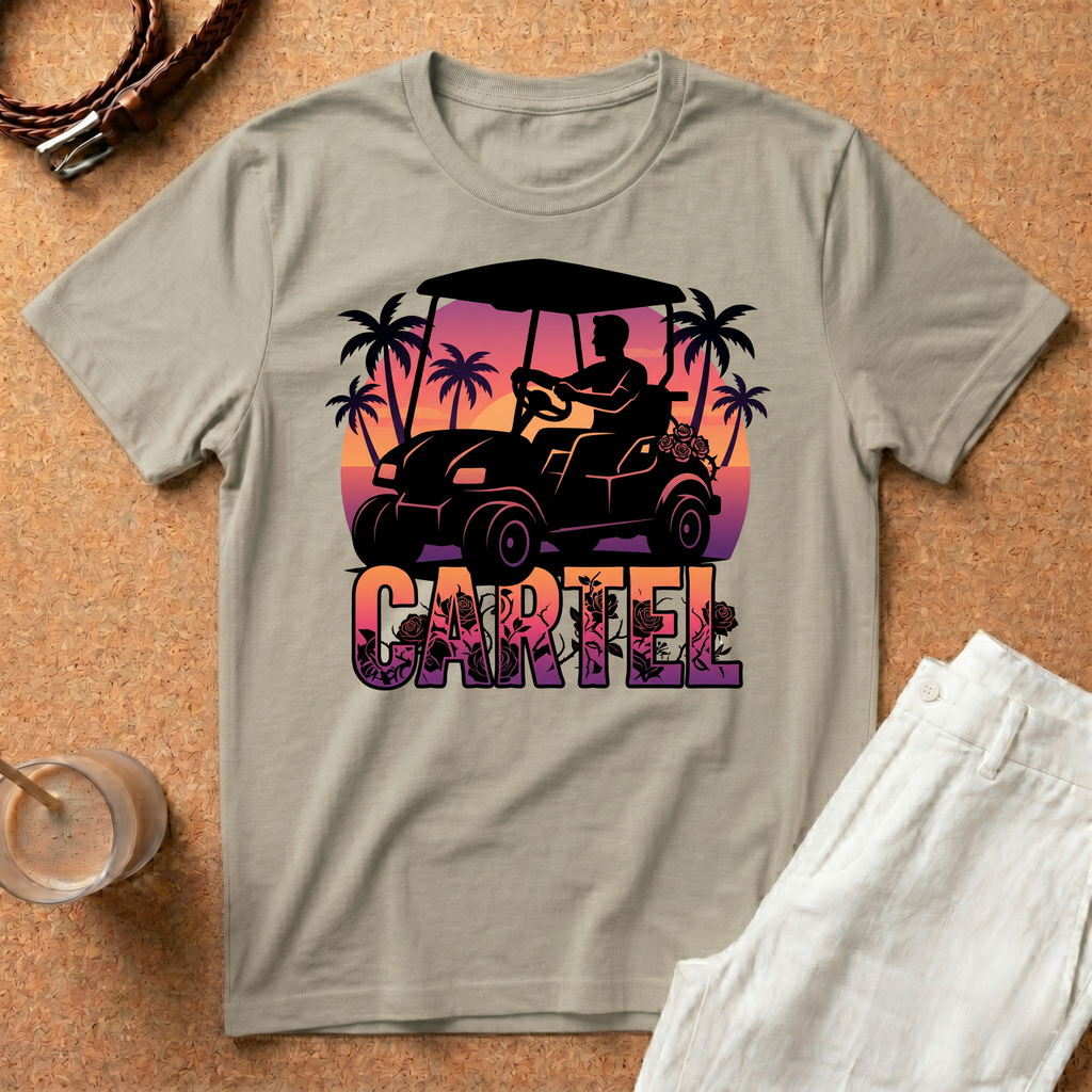 Cartel Golf Cart T-Shirt — Tropical Sunset Palm Beach Vibes