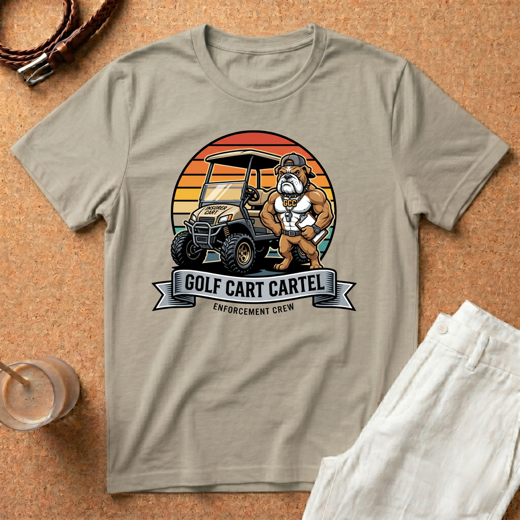 Golf Cart Cartel T-Shirt — Retro Sunset Golf Cart Graphic