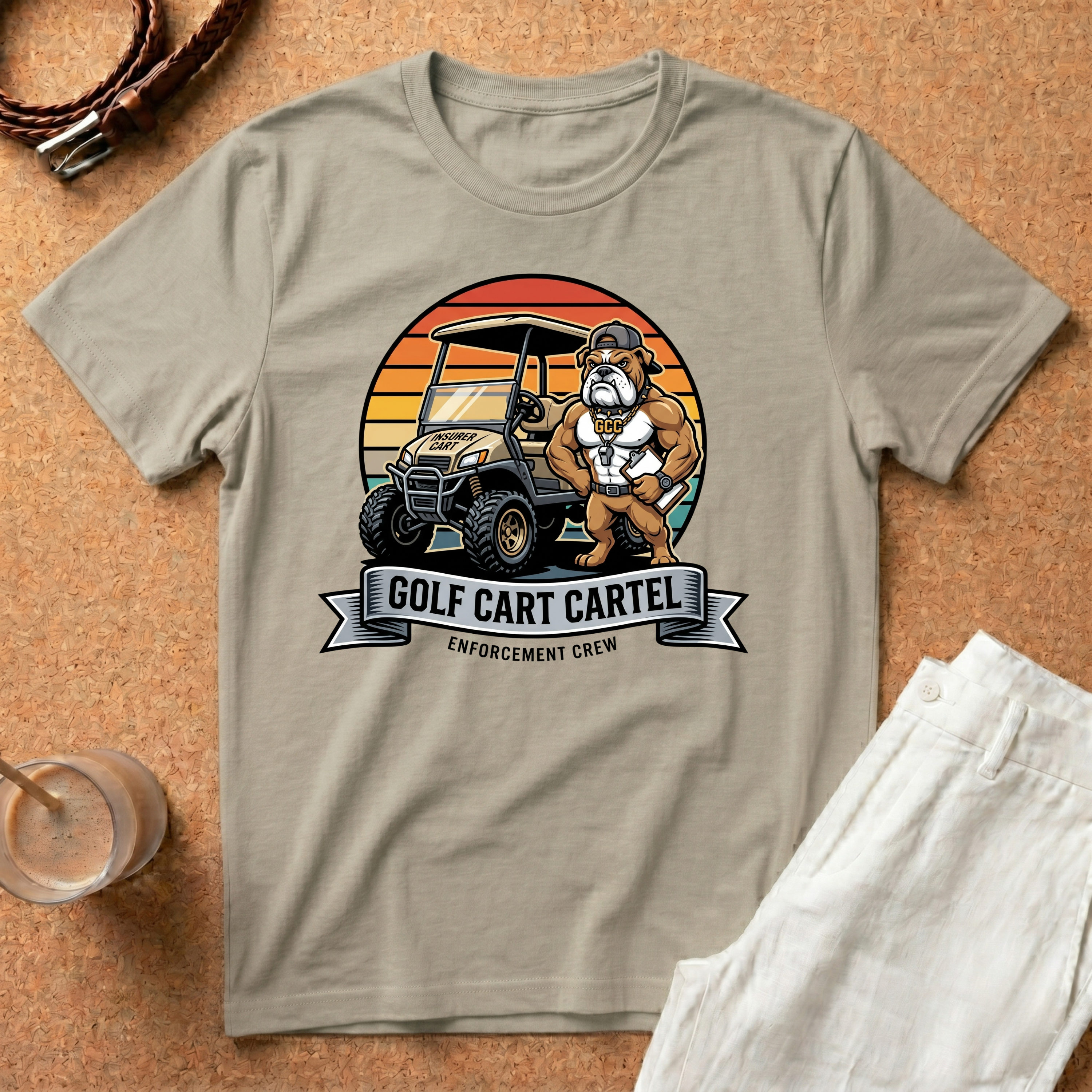 Golf Cart Cartel T-Shirt — Retro Sunset Golf Cart Graphic
