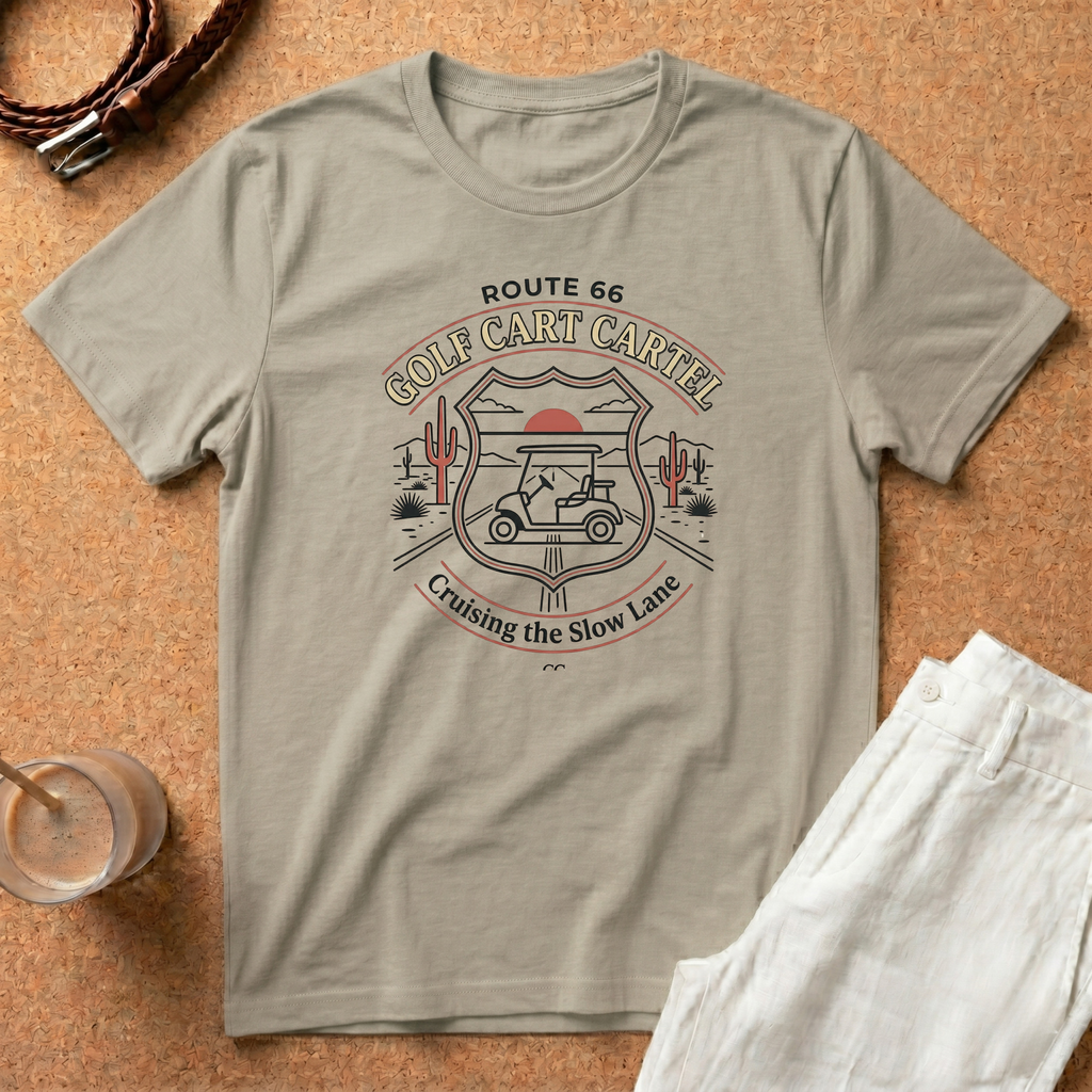 Route 66 Golf Cart T-Shirt — "Golf Cart Cartel" Cruising the Slow Lane Graphic Tee
