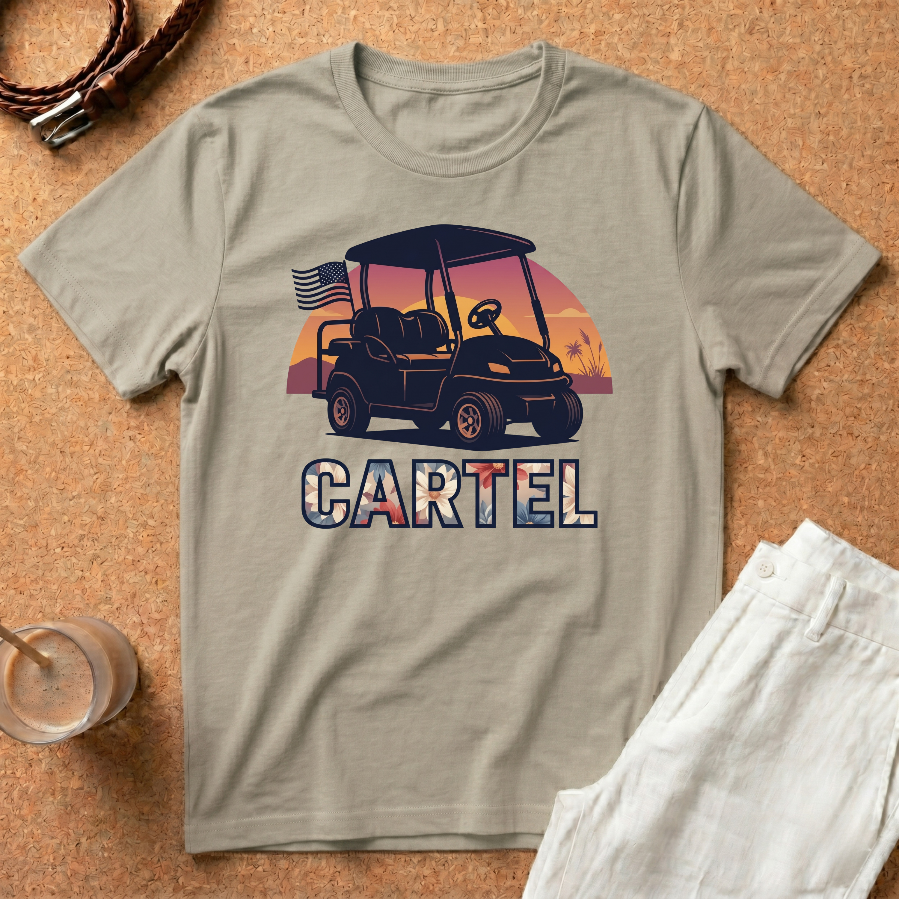 Golf Cart Cartel T-Shirt — Retro Sunset Golf Cart Tee