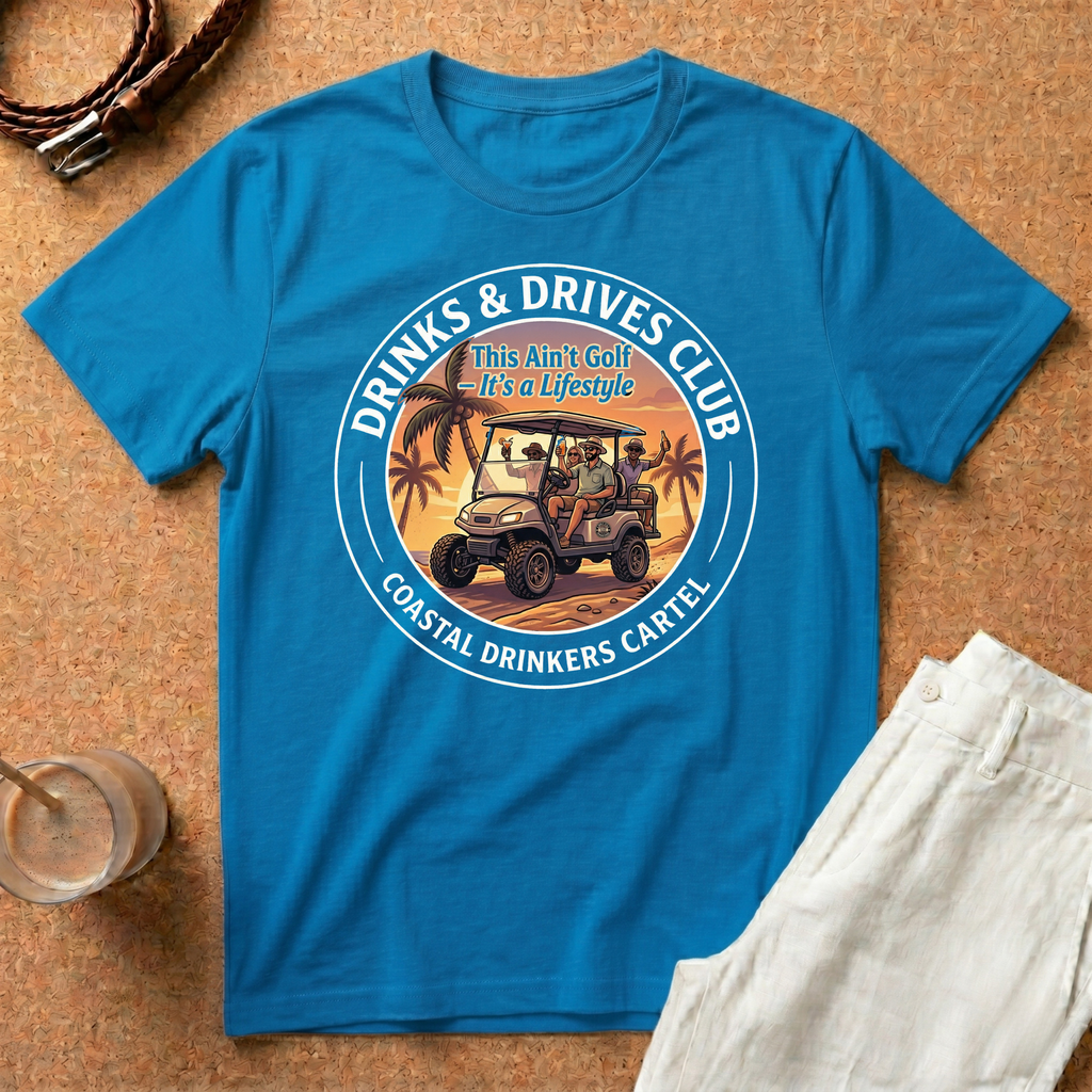 Drinks & Drives Club T-Shirt – Coastal Drinkers Cartel Golf Cart Sunset Tee