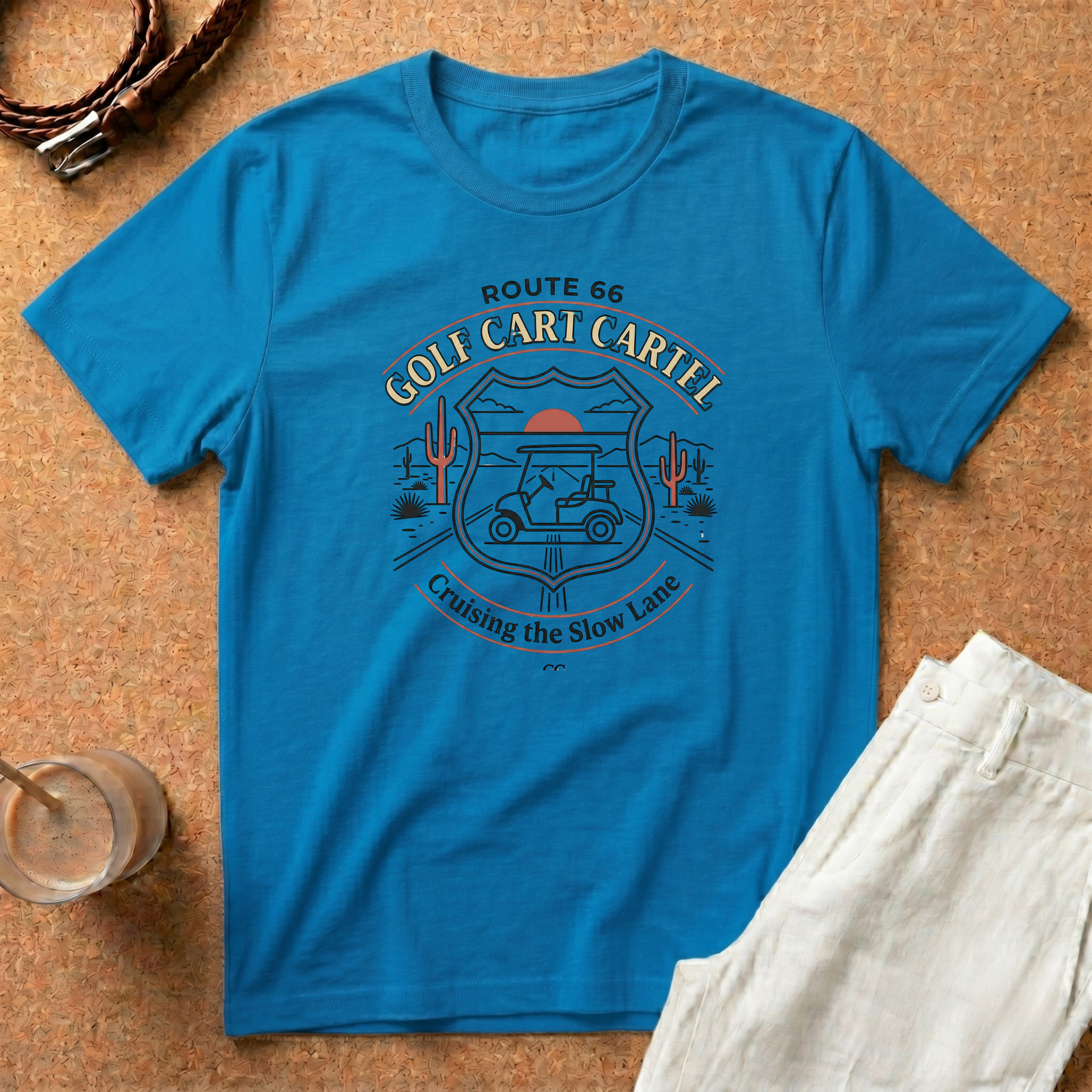 Route 66 Golf Cart T-Shirt — "Golf Cart Cartel" Cruising the Slow Lane Graphic Tee