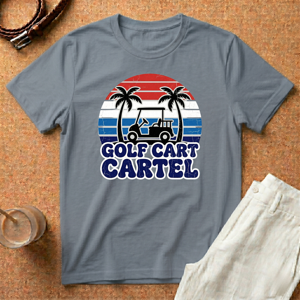 Golf Cart Cartel T-Shirt — Retro Palm Tree Golfing Tee