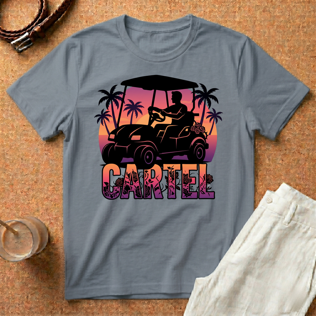 Cartel Golf Cart T-Shirt — Tropical Sunset Palm Beach Vibes