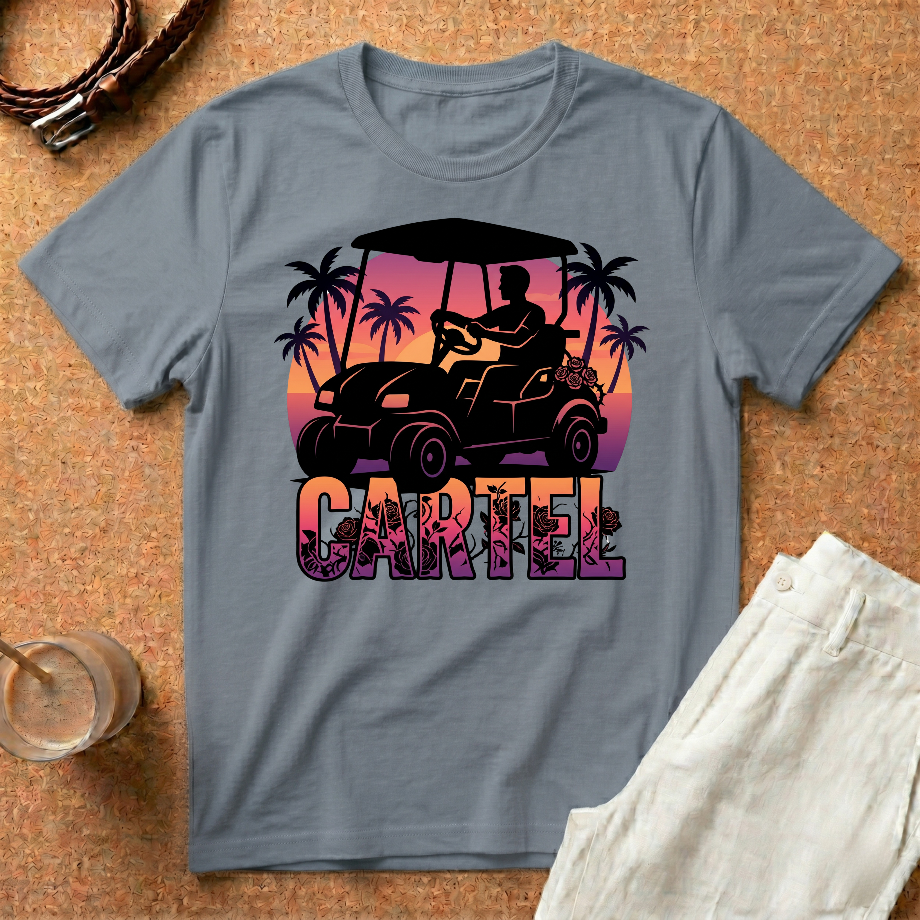 Cartel Golf Cart T-Shirt — Tropical Sunset Palm Beach Vibes