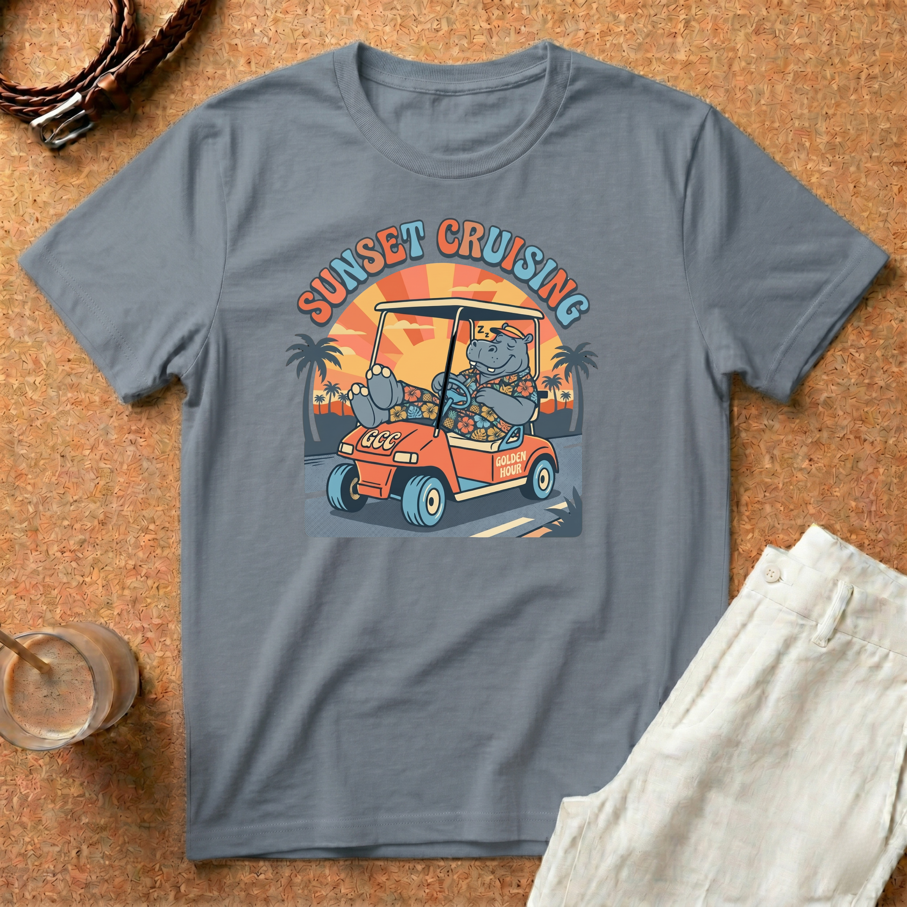 Sunset Cruising T-Shirt — Vintage Golf Cart Beach Tee