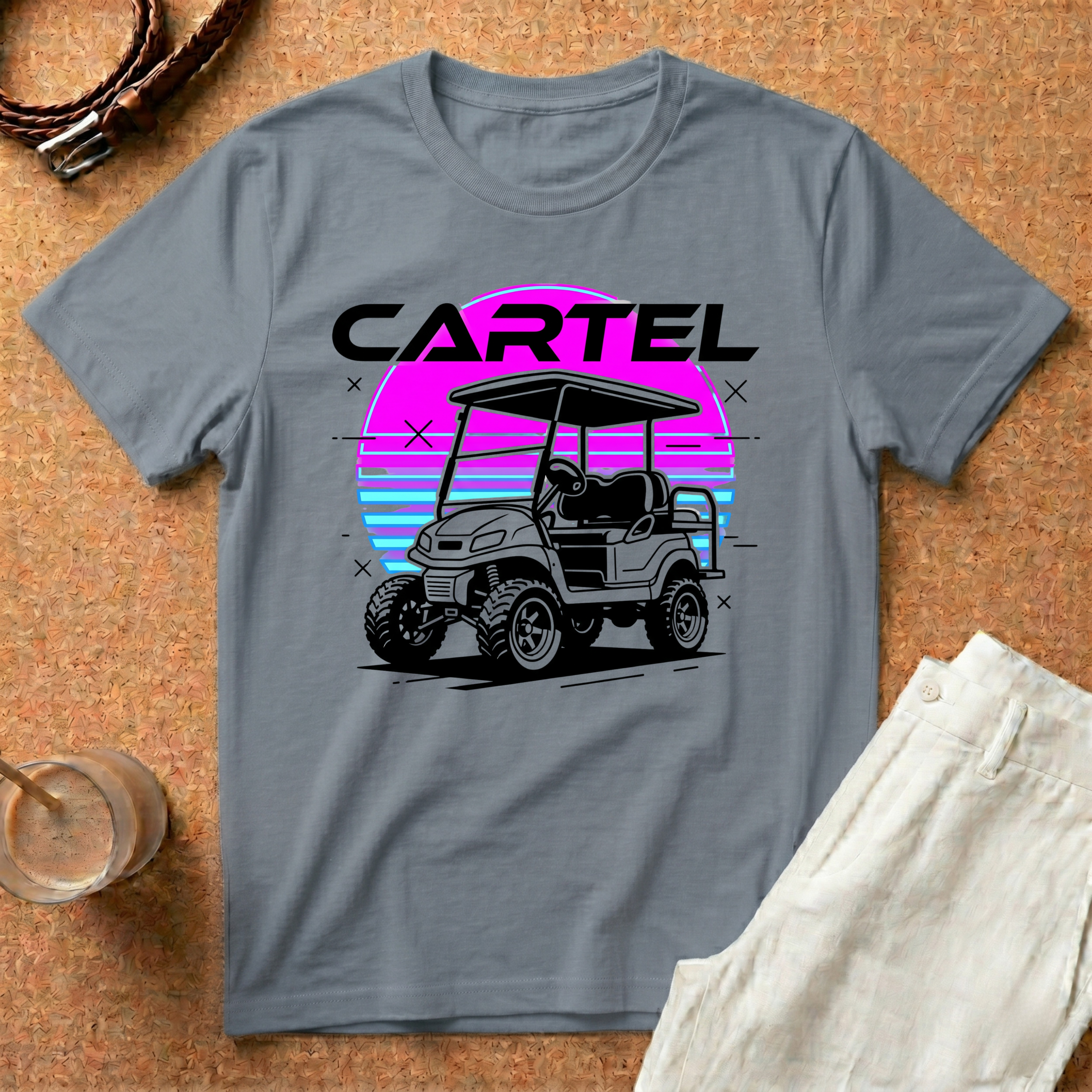 Cartel Golf Cart Retro 80s Sunset T-Shirt