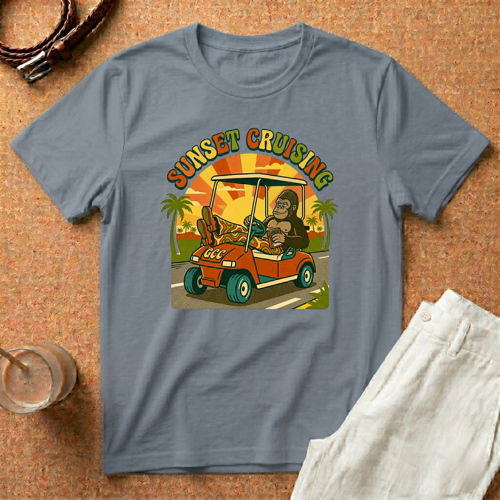 Sunset Cruising T-Shirt — Vintage Golf Cart Beach Tee