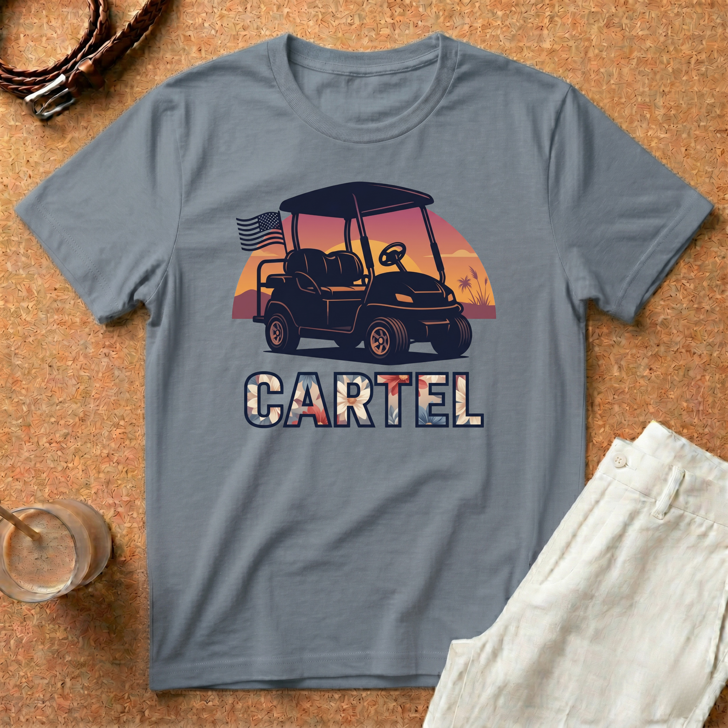 Golf Cart Cartel T-Shirt — Retro Sunset Golf Cart Tee