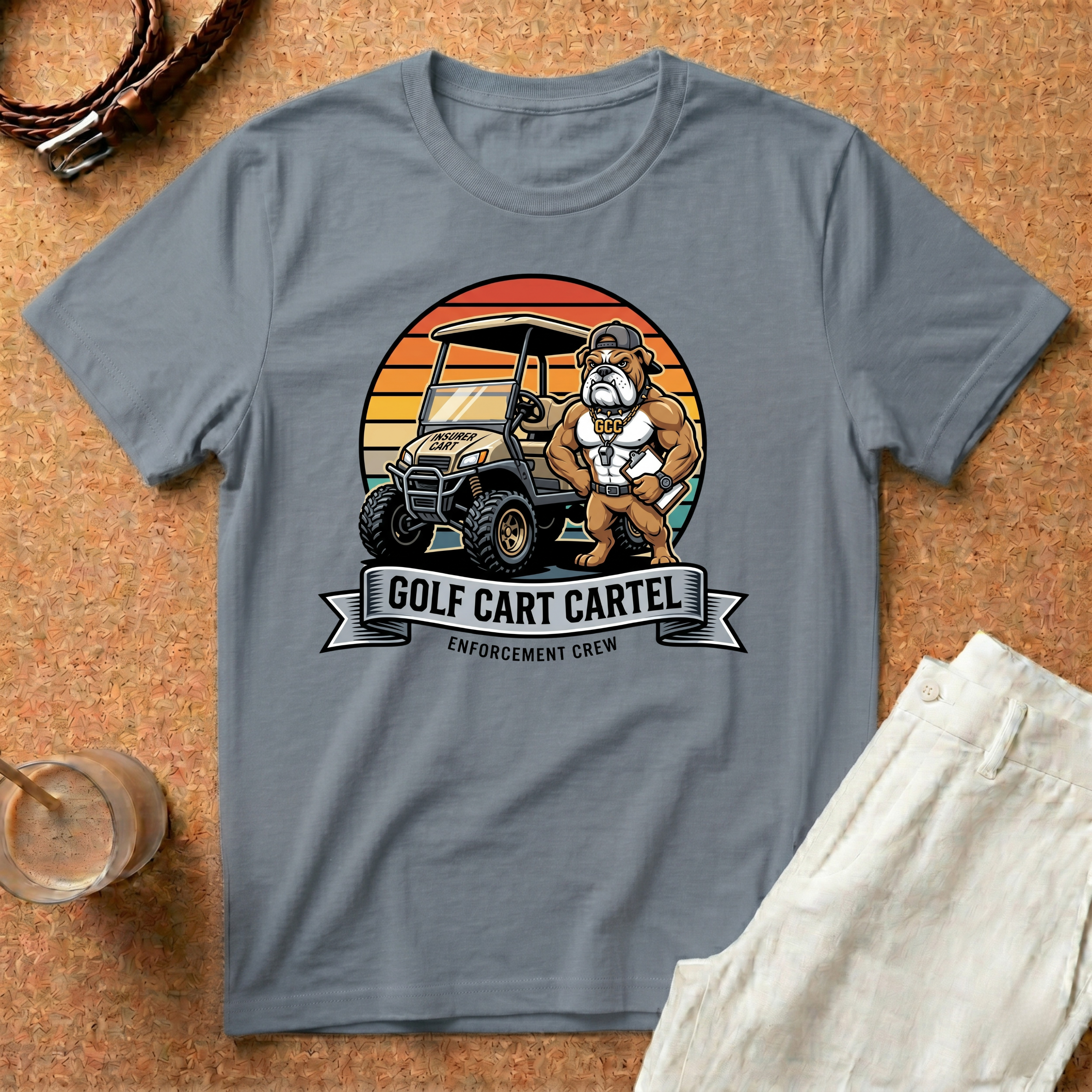 Golf Cart Cartel T-Shirt — Retro Sunset Golf Cart Graphic