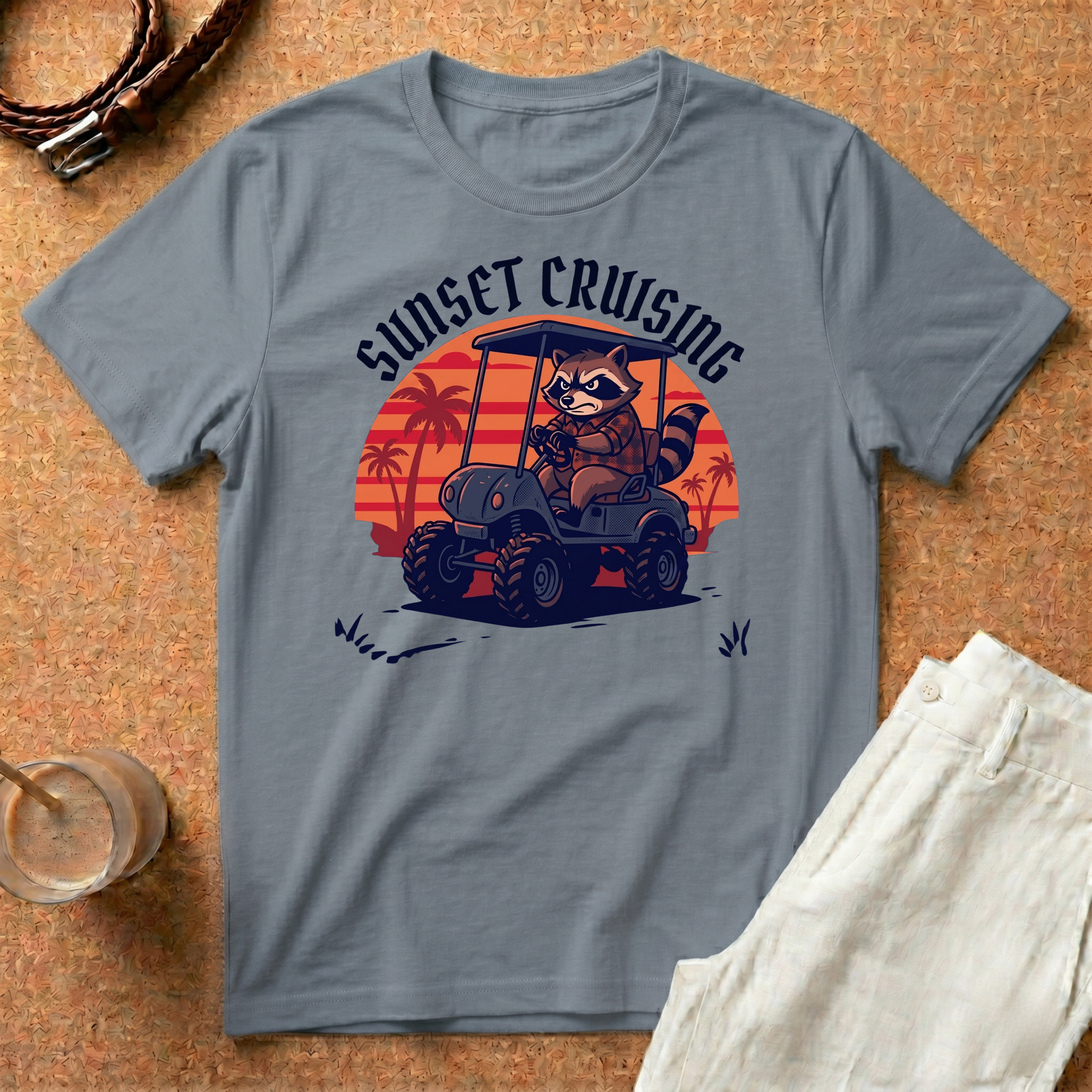 Sunset Cruising T-Shirt — Raccoon Driving Golf Cart Retro Sunset Tee