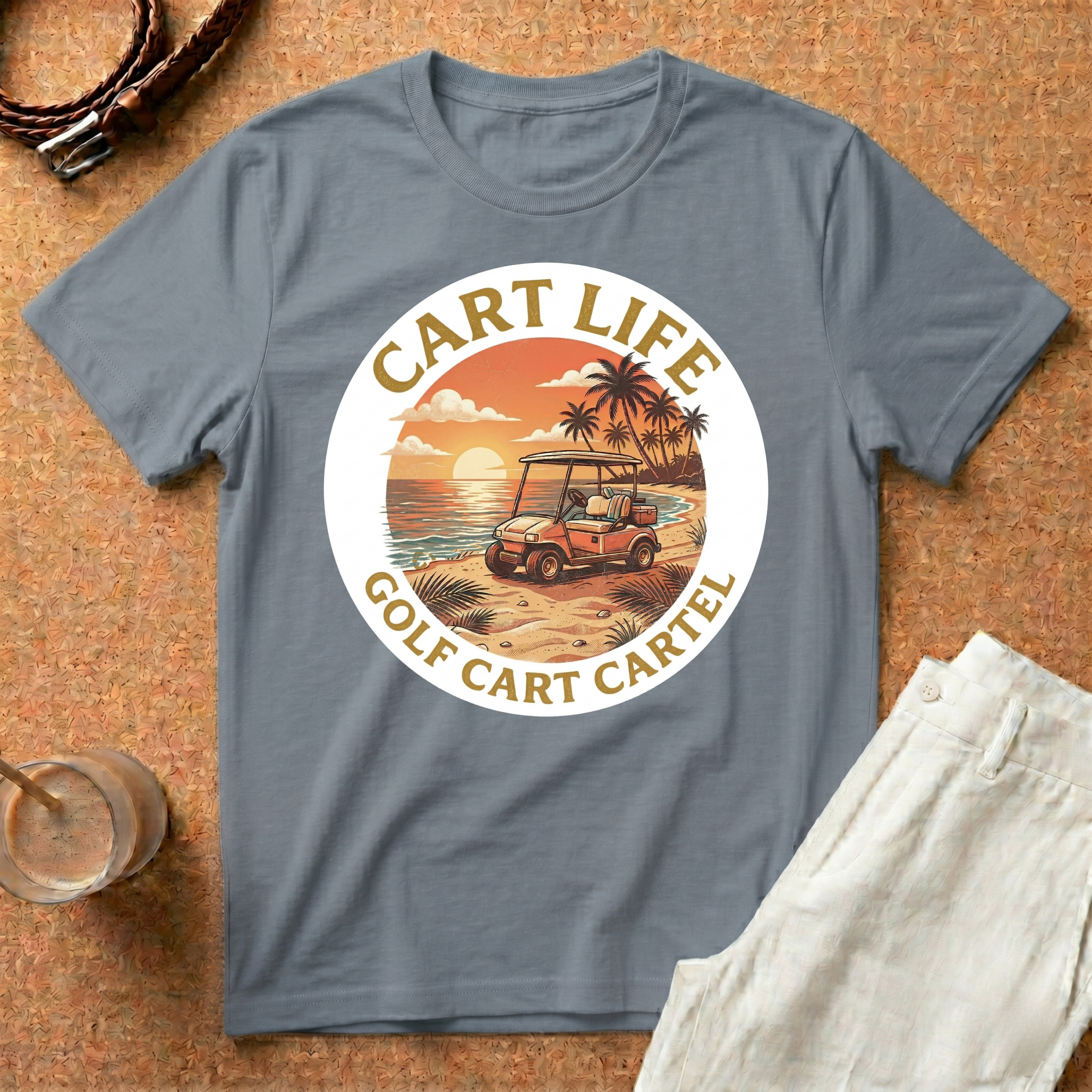 Golf Cart Life Sunset T-Shirt — "Cart Life: Golf Cart Cartel" Retro Beach Tee
