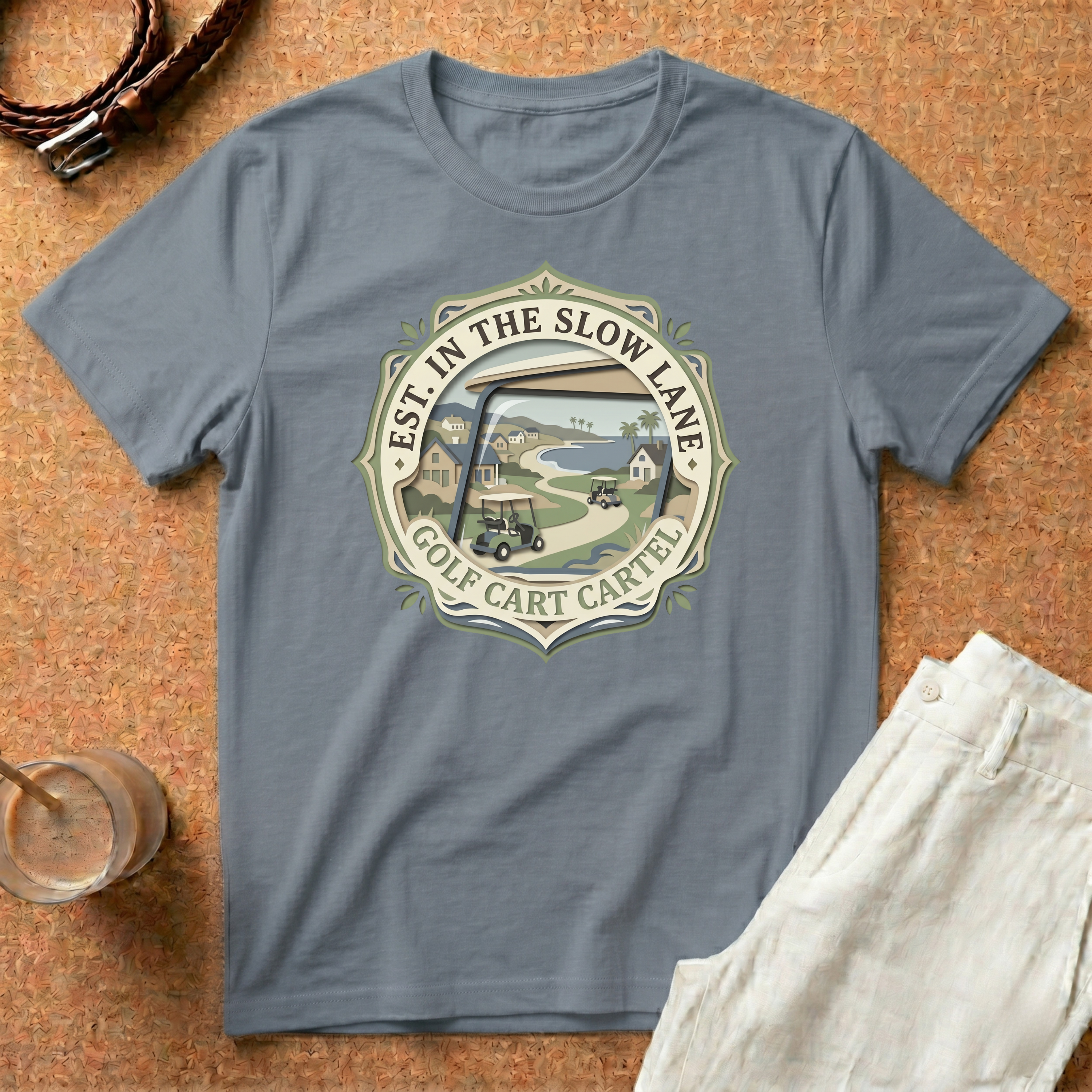 Golf T-Shirt — "Est. In The Slow Lane" Golf Cart Vintage Badge