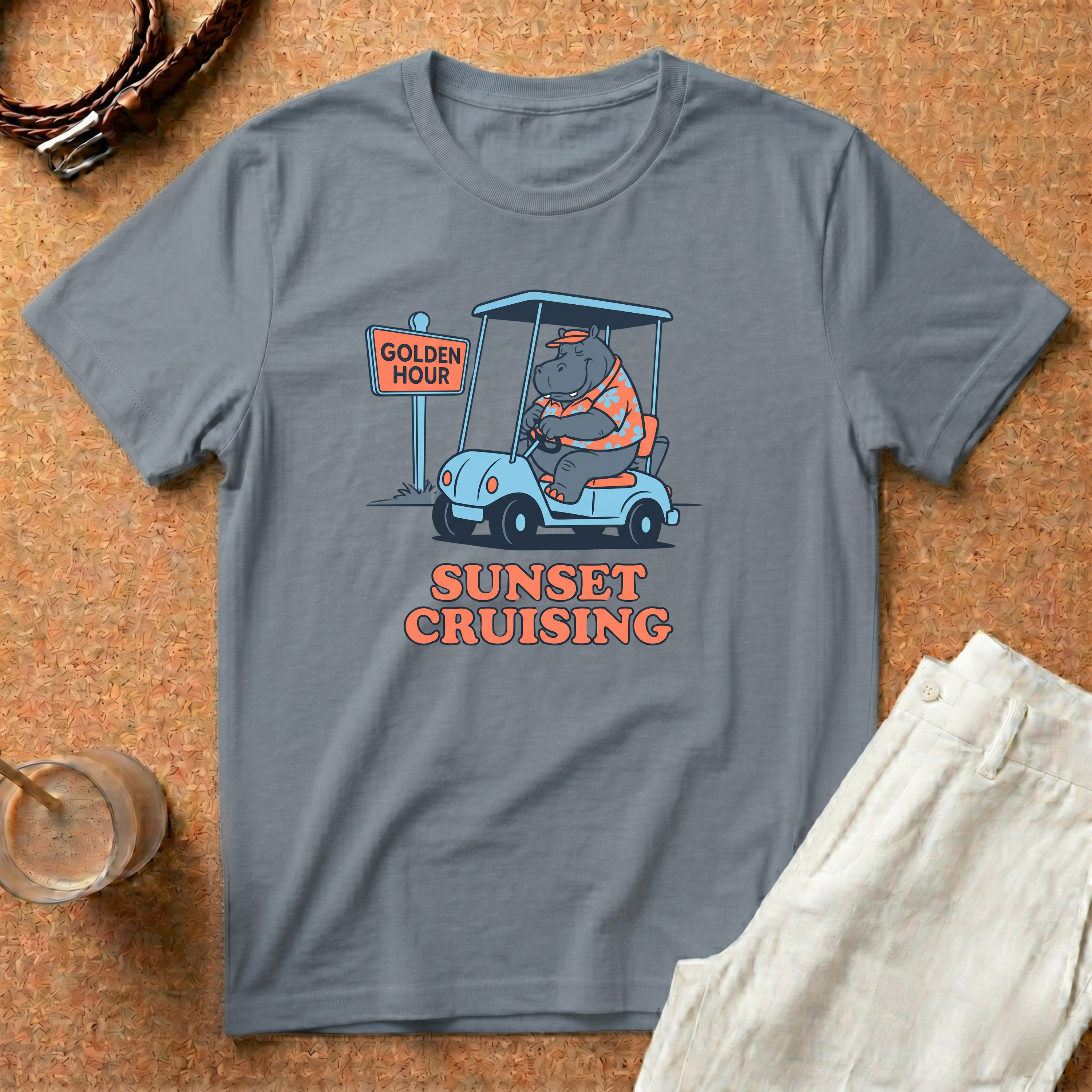 Sunset Cruising T-Shirt — Retro Hippo Golf Cart 'Golden Hour' Graphic Tee