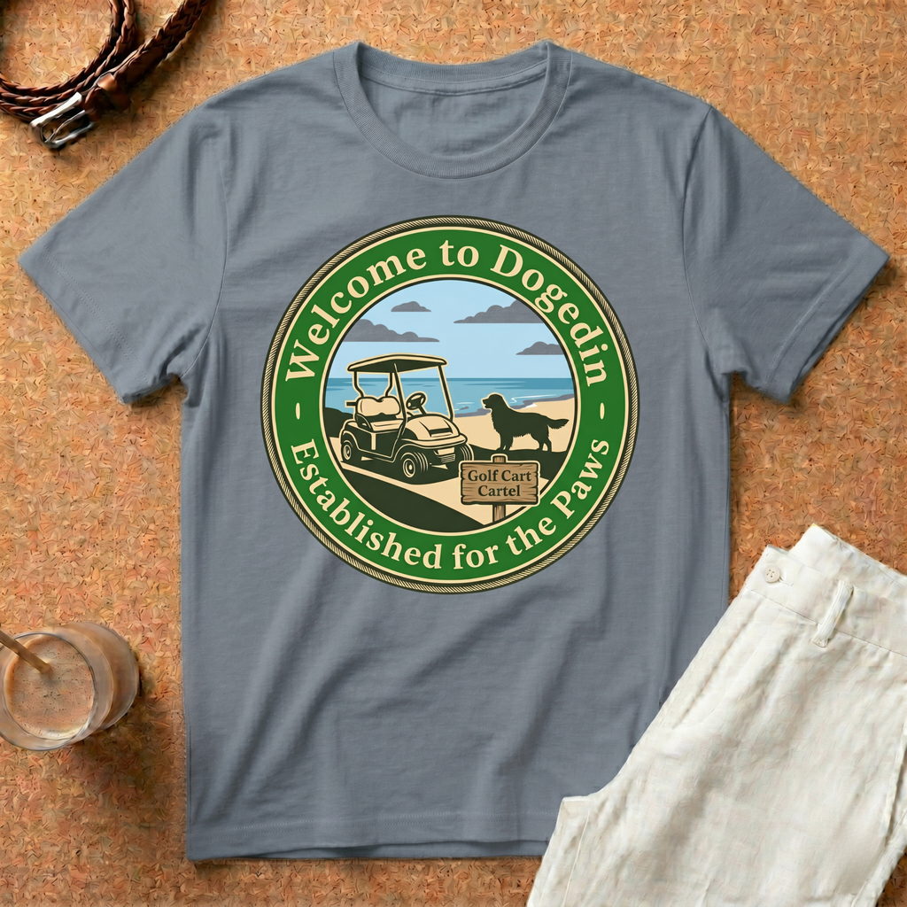 Welcome to Dogedin T-Shirt — 'Established for the Paws' Golf Cart Pet Resort Tee
