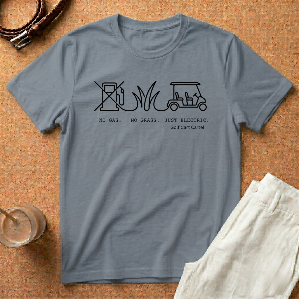 Golf Cart Rules T-Shirt — "Just Electric" Minimalist Golf Graphic Tee