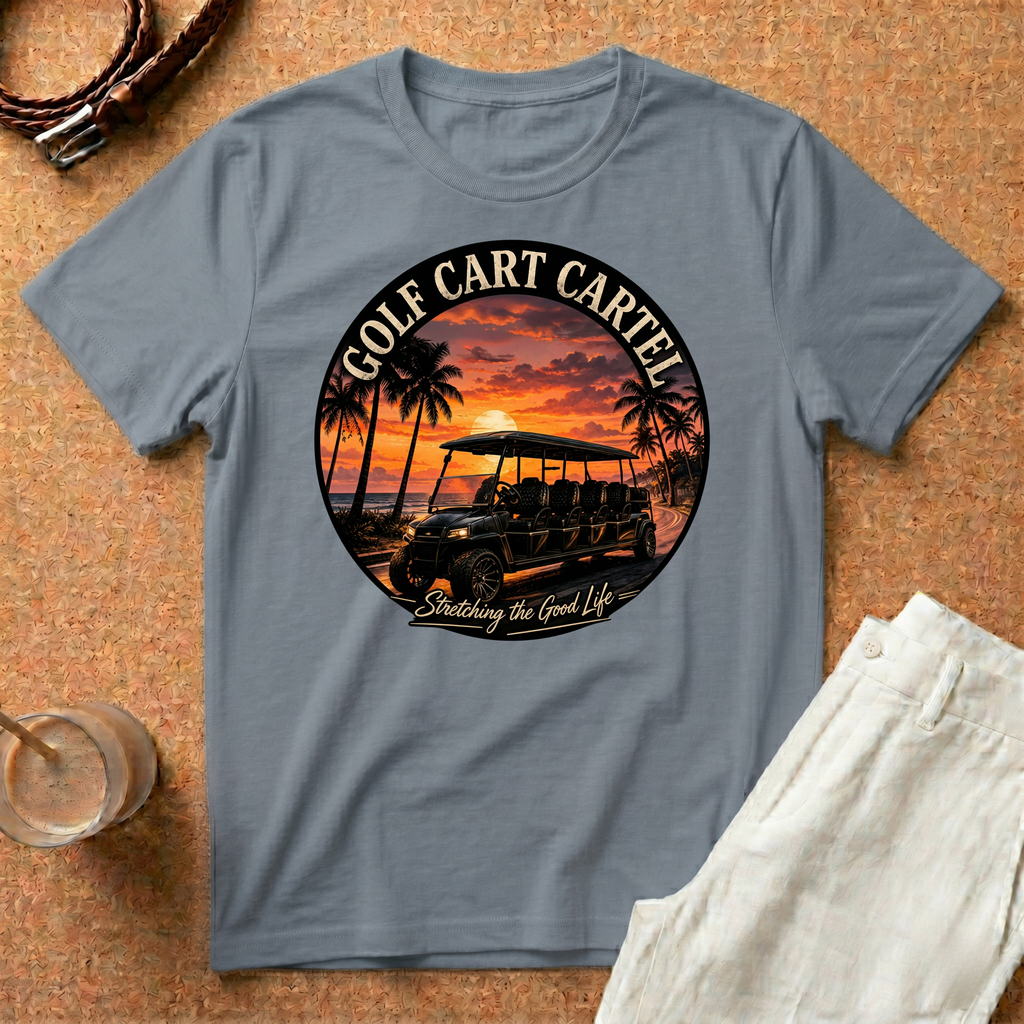 Golf Cart T-Shirt — "Golf Cart Cartel" Sun Set Graphic Tee
