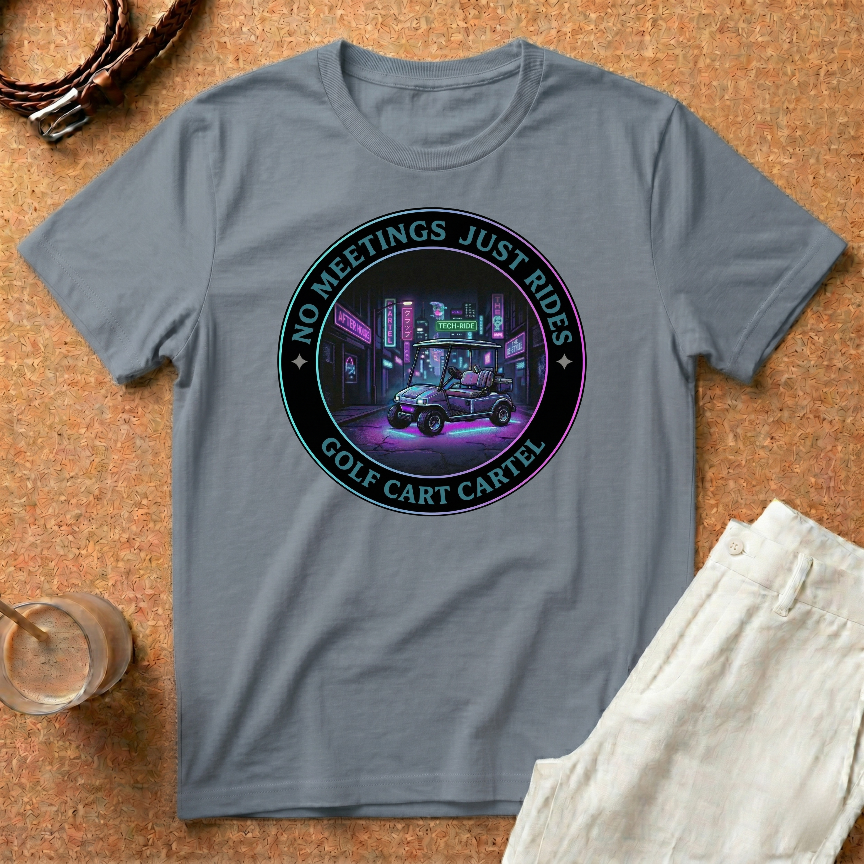 T-Shirt - 'No Meetings Just Rides' Neon Golf Cart Crew Tee