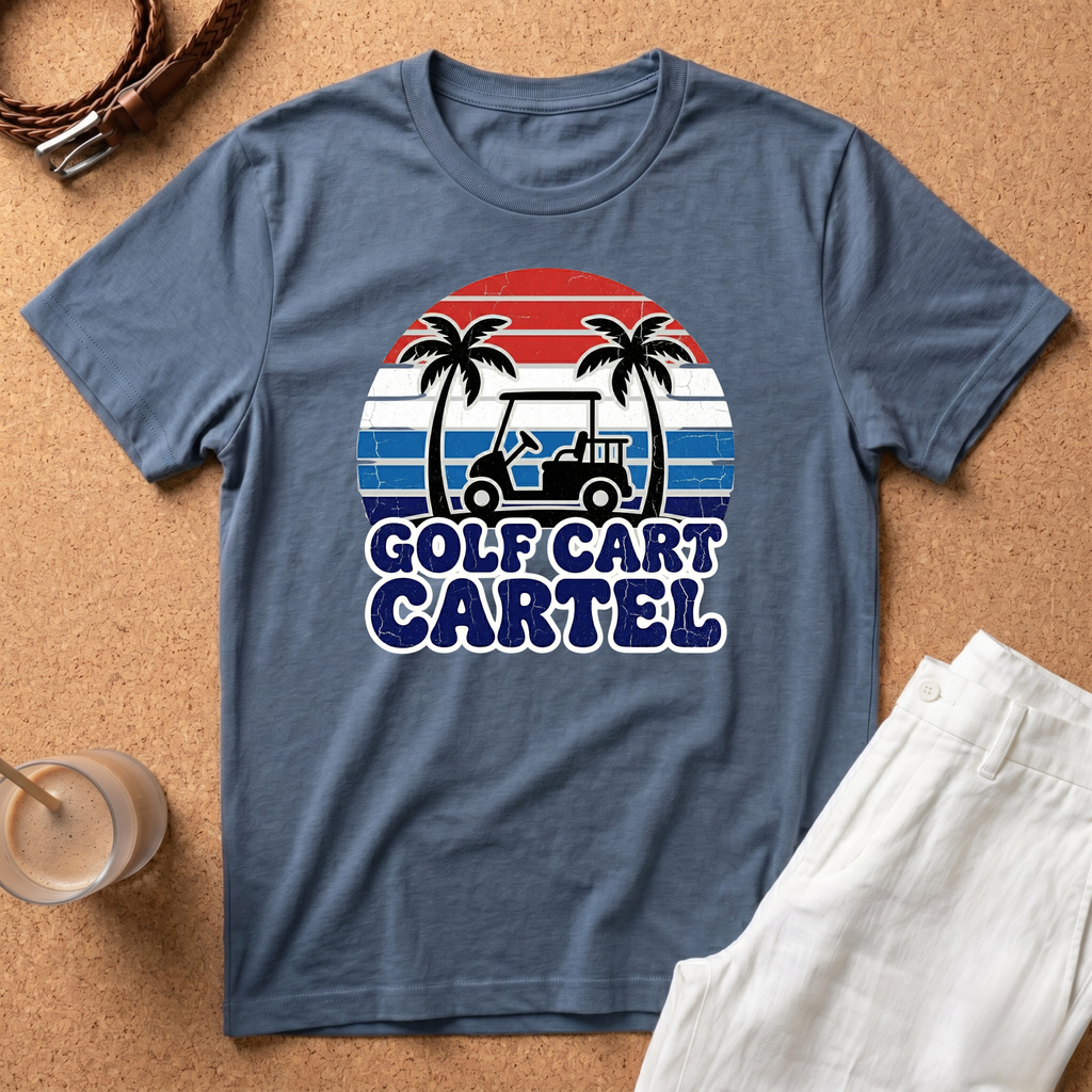 Golf Cart Cartel T-Shirt — Retro Palm Tree Golfing Tee