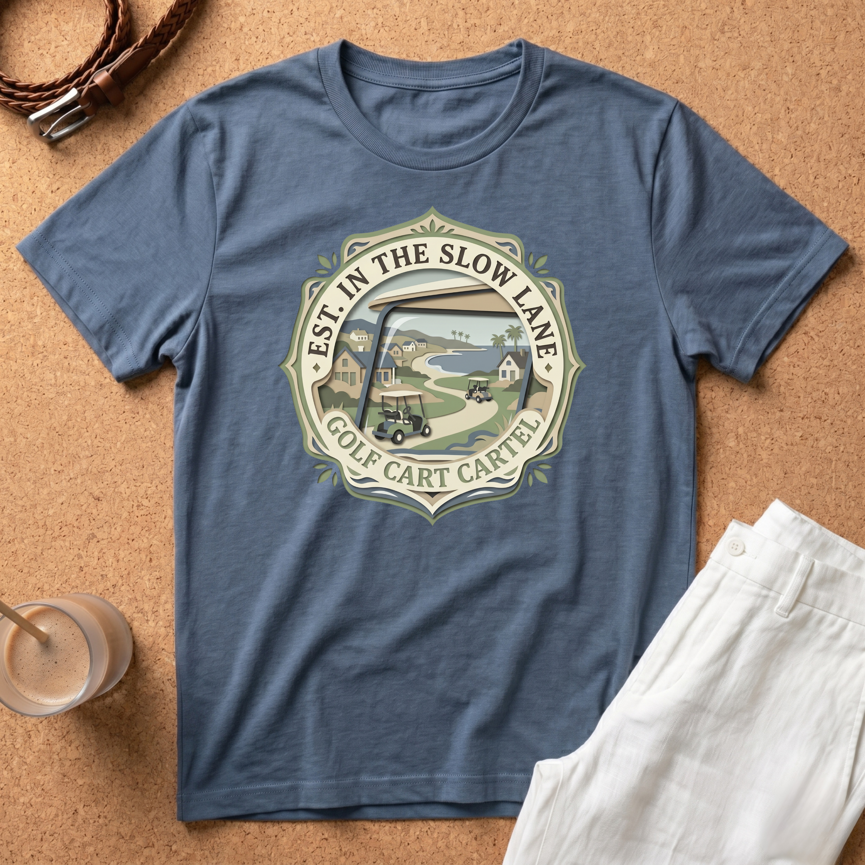 Golf T-Shirt — "Est. In The Slow Lane" Golf Cart Vintage Badge