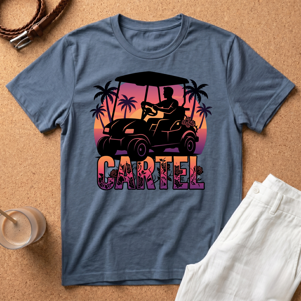 Cartel Golf Cart T-Shirt — Tropical Sunset Palm Beach Vibes
