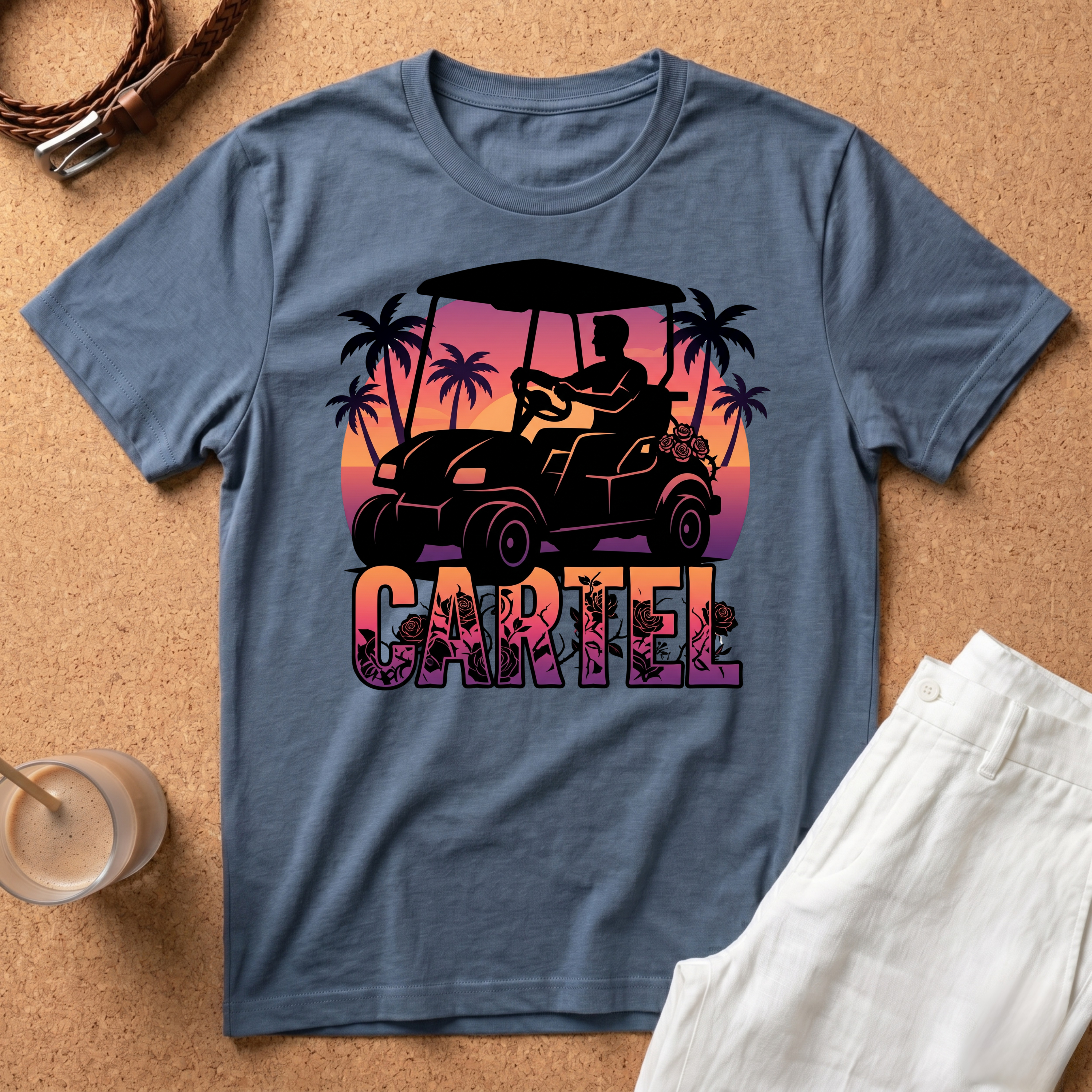 Cartel Golf Cart T-Shirt — Tropical Sunset Palm Beach Vibes