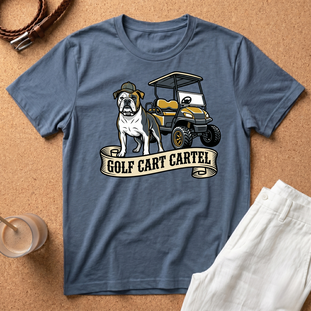 Golf Cart T‑Shirt — 'Golf Cart Cartel' Bulldog & Golf Buggy Graphic Tee