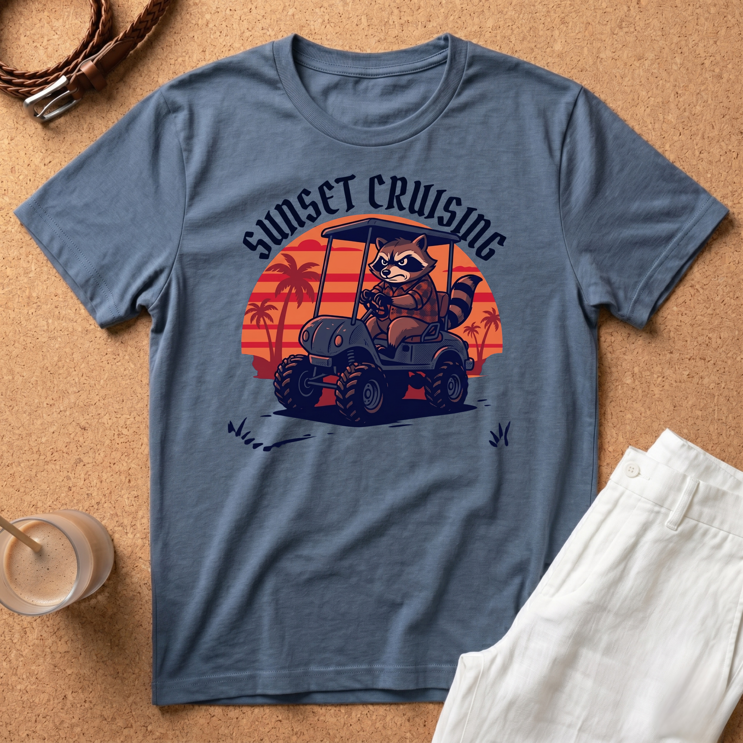 Sunset Cruising T-Shirt — Raccoon Driving Golf Cart Retro Sunset Tee